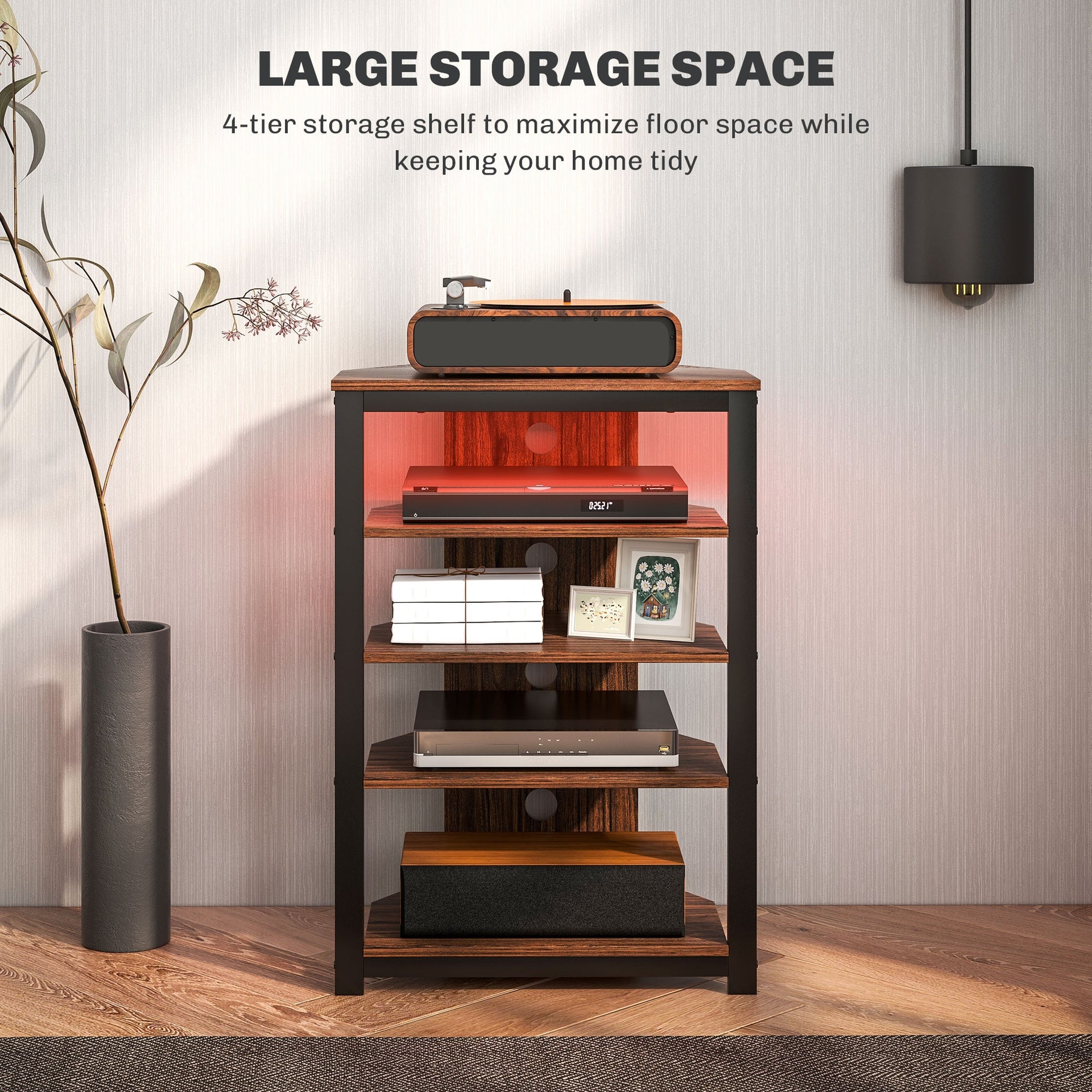 HOMCOM LED TV Stand, Entertainment Center with Storage Shelves and Steel Frame for Living Room, Brown