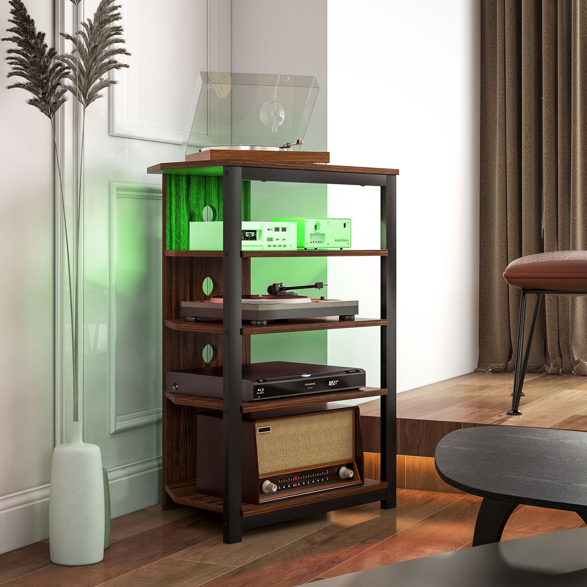 HOMCOM LED TV Stand, Entertainment Center with Storage Shelves and Steel Frame for Living Room, Brown