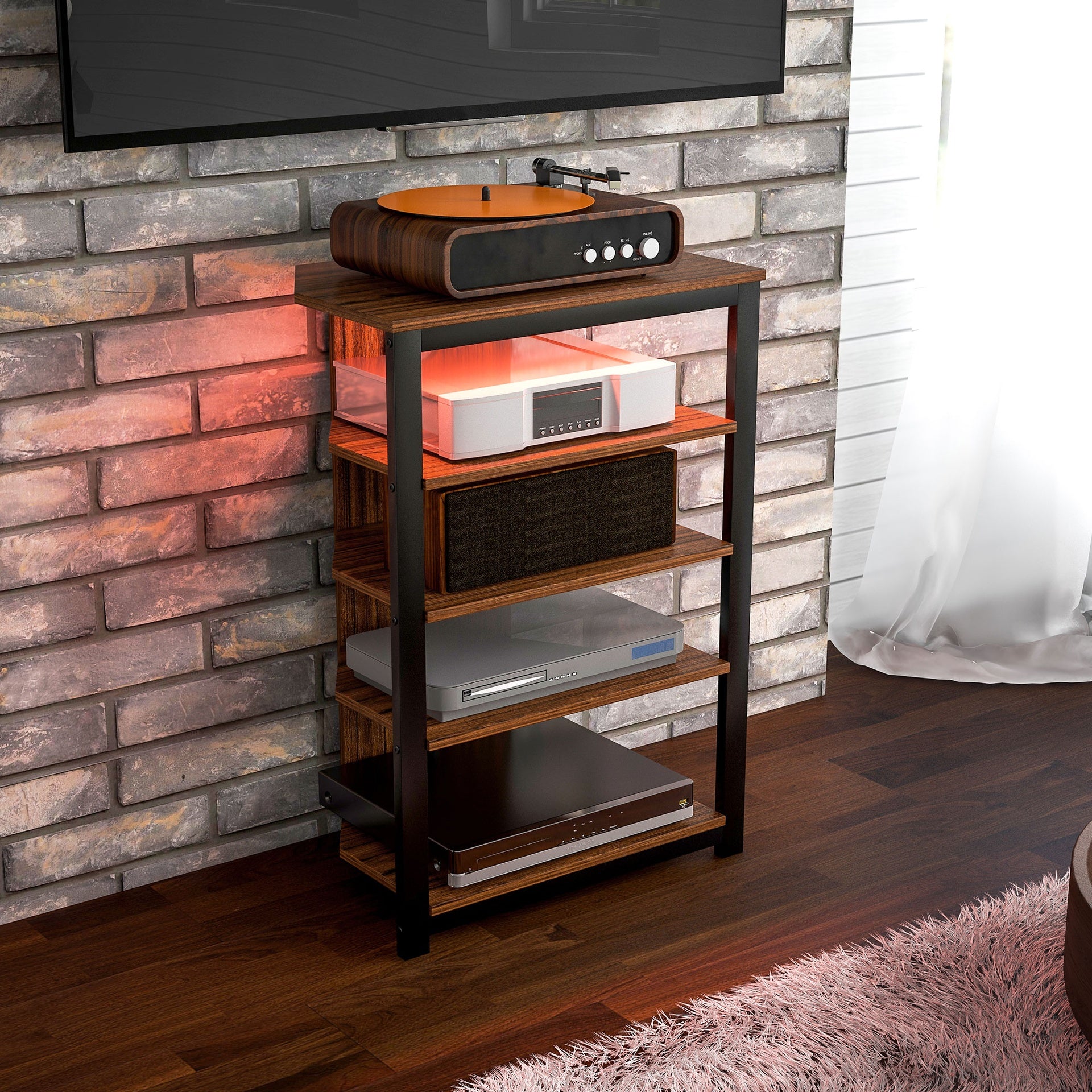 HOMCOM LED TV Stand, Entertainment Center with Storage Shelves and Steel Frame for Living Room, Brown