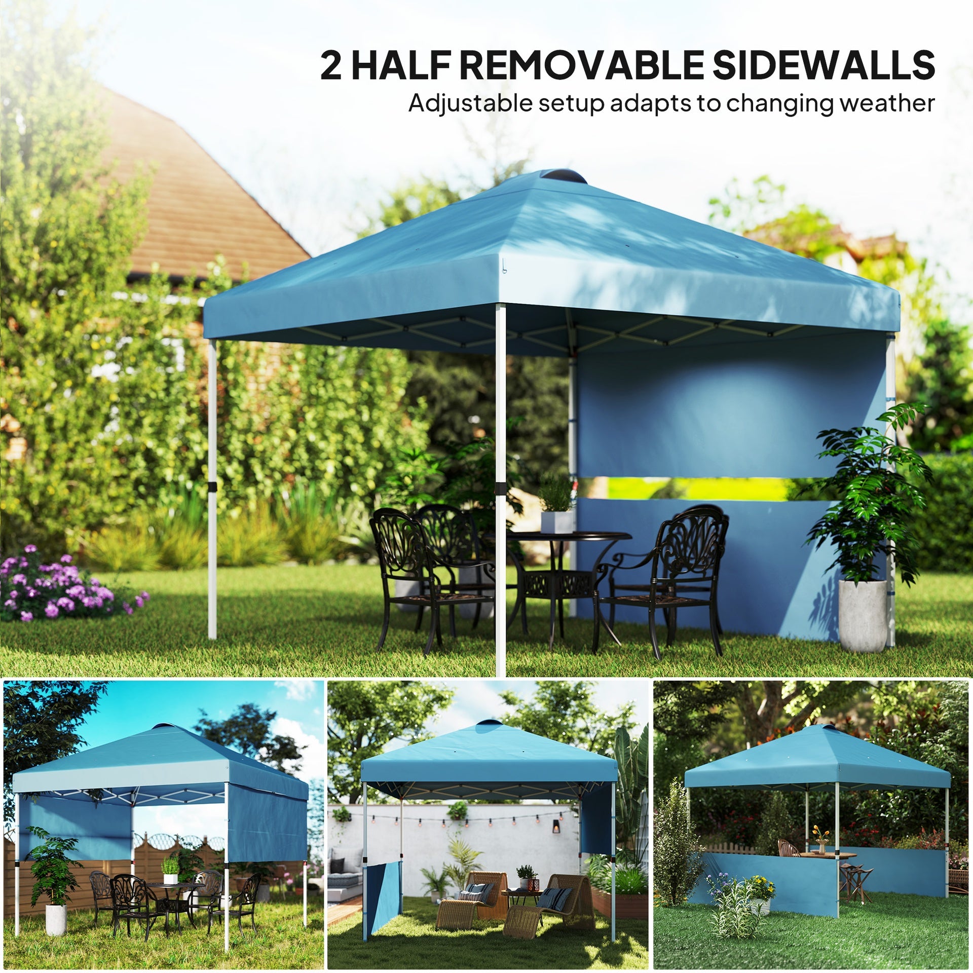 Outsunny 10' x 10' Pop Up Canopy Tent with 2 Half Sidewalls, UV50+ Instant Sun Shelter with Wheeled Carry Bag, Sea Blue