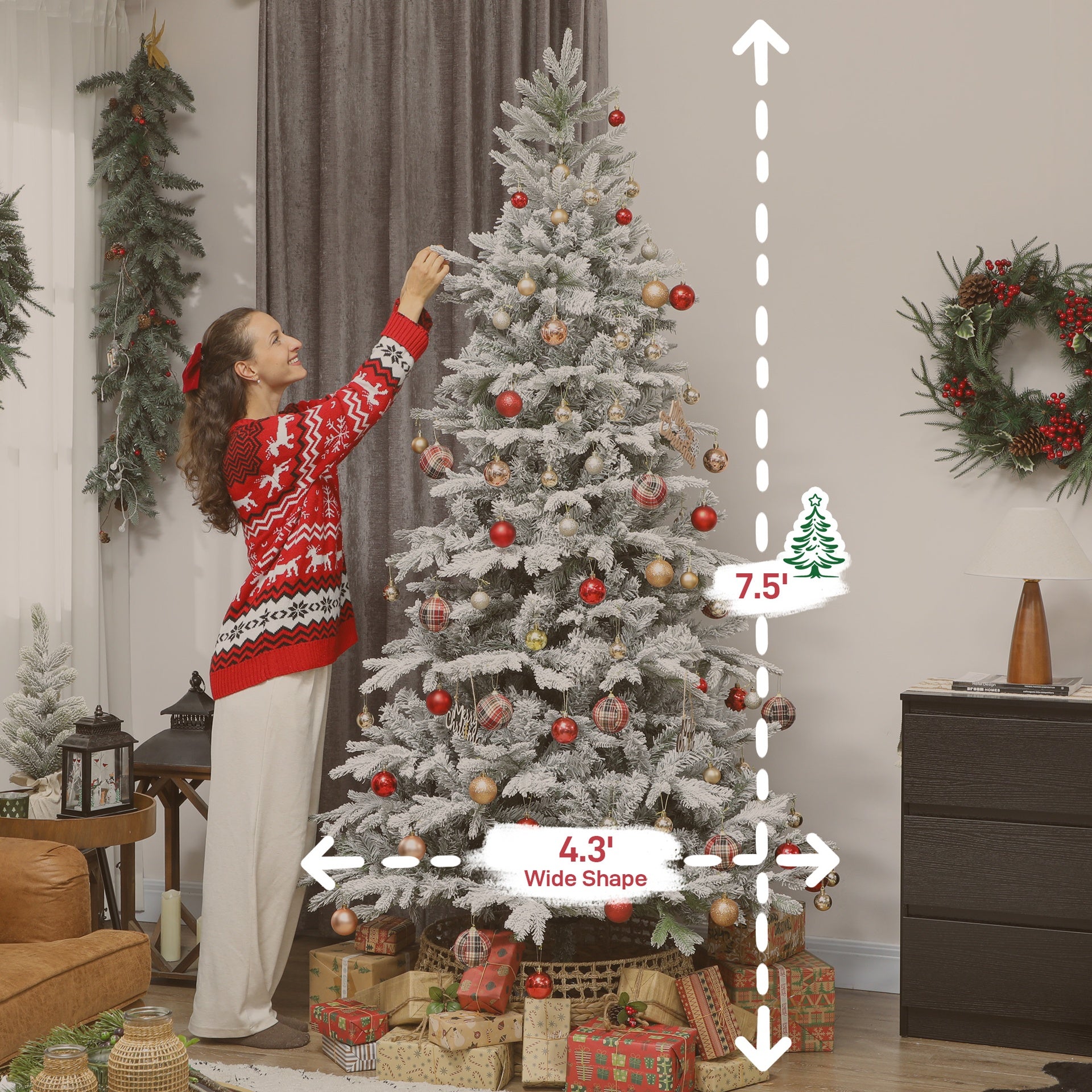 HOMCOM 7.5 ft Artificial Frosted Christmas Tree with Realistic Branches, Wide Full Spruce, Hinged Xmas Tree, Easy Assembly
