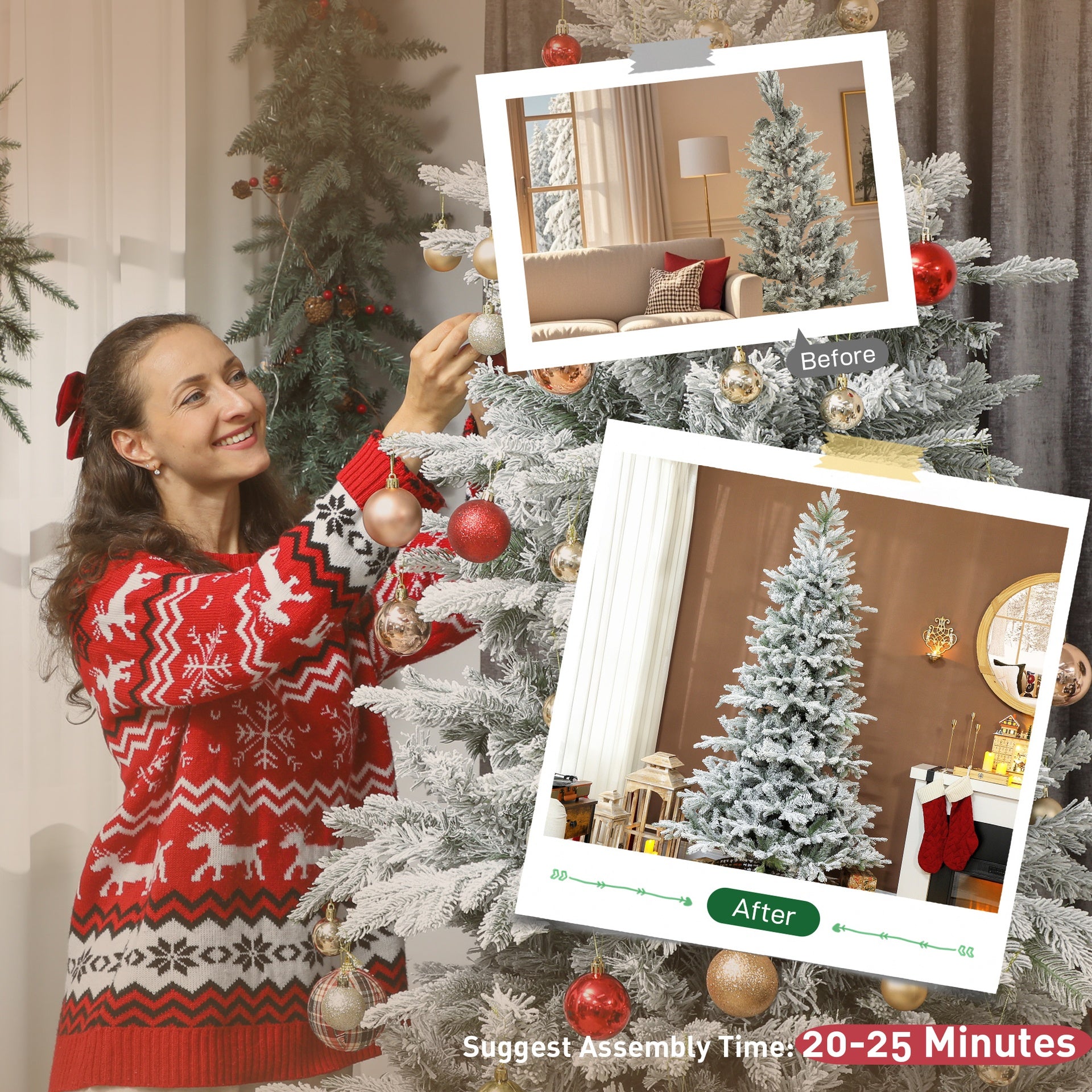 HOMCOM 7.5 ft Artificial Frosted Christmas Tree with Realistic Branches, Wide Full Spruce, Hinged Xmas Tree, Easy Assembly