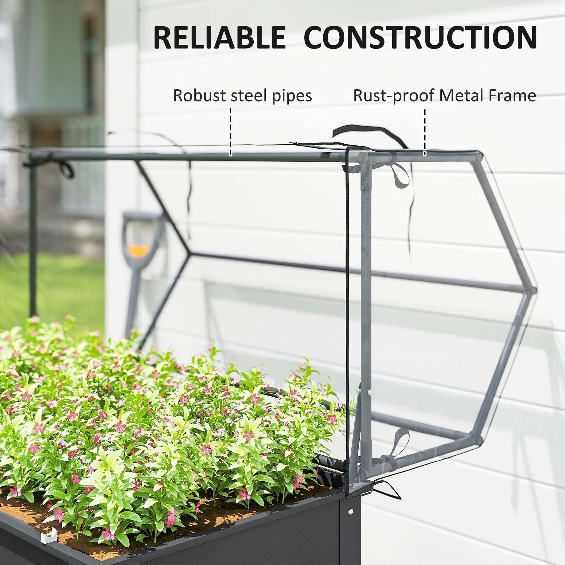 Outsunny Elevated Garden Box with Greenhouse Cover, Raised Garden Bed with Legs and Drainage Hole for Vegetables, Dark Gray