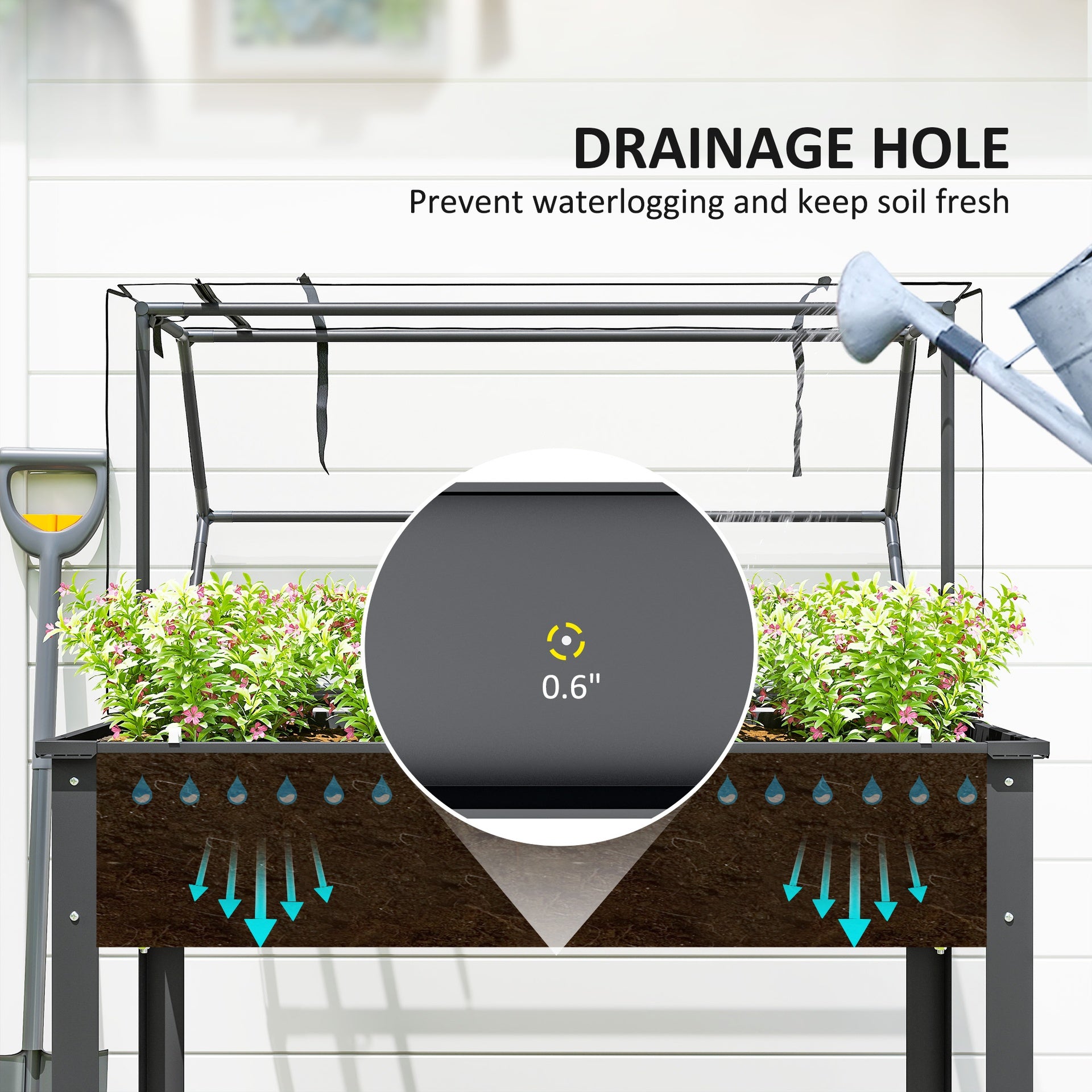 Outsunny Elevated Garden Box with Greenhouse Cover, Raised Garden Bed with Legs and Drainage Hole for Vegetables, Dark Gray