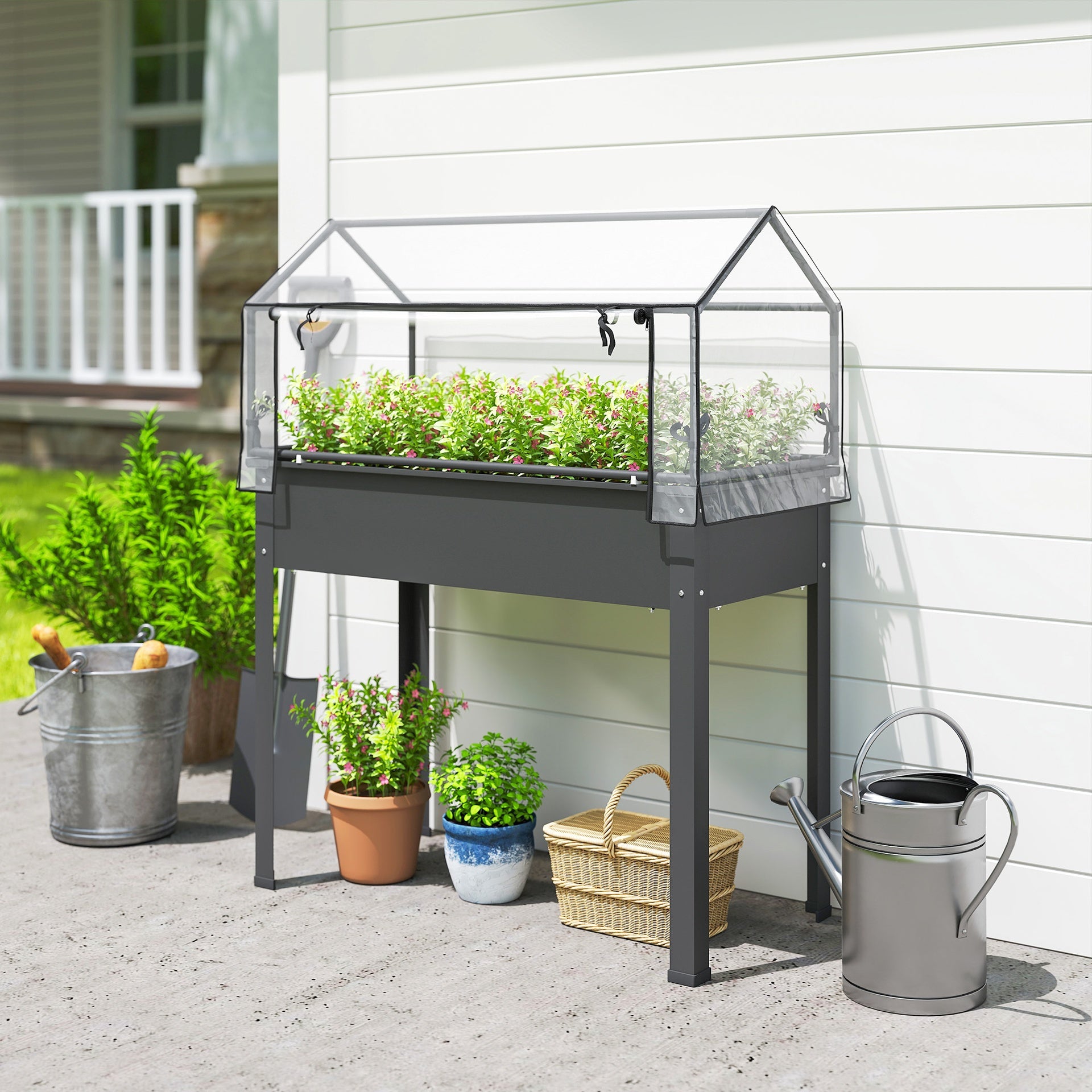 Outsunny Elevated Garden Box with Greenhouse Cover, Raised Garden Bed with Legs and Drainage Hole for Vegetables, Dark Gray