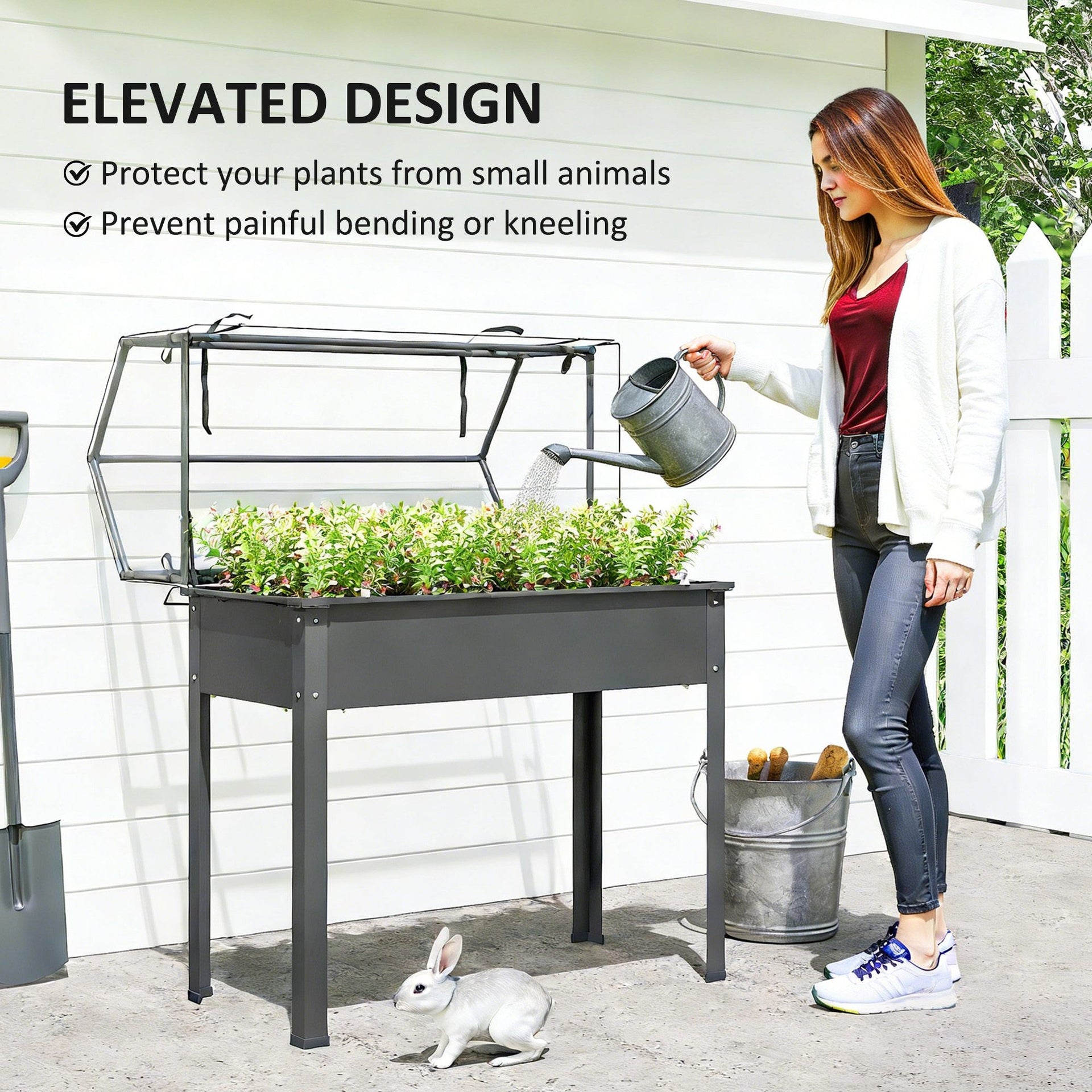 Outsunny Elevated Garden Box with Greenhouse Cover, Raised Garden Bed with Legs and Drainage Hole for Vegetables, Dark Gray