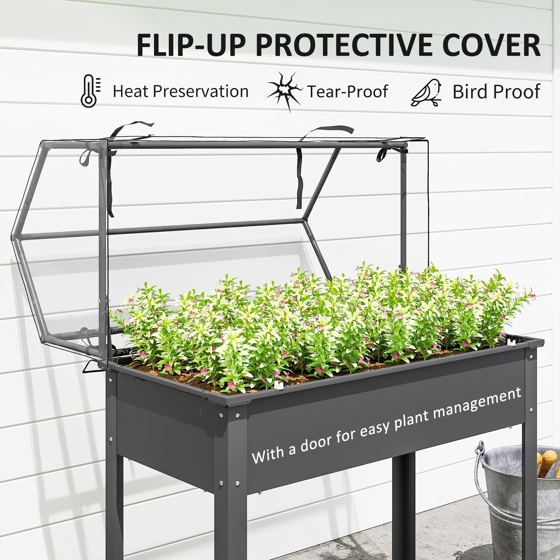 Outsunny Elevated Garden Box with Greenhouse Cover, Raised Garden Bed with Legs and Drainage Hole for Vegetables, Dark Gray