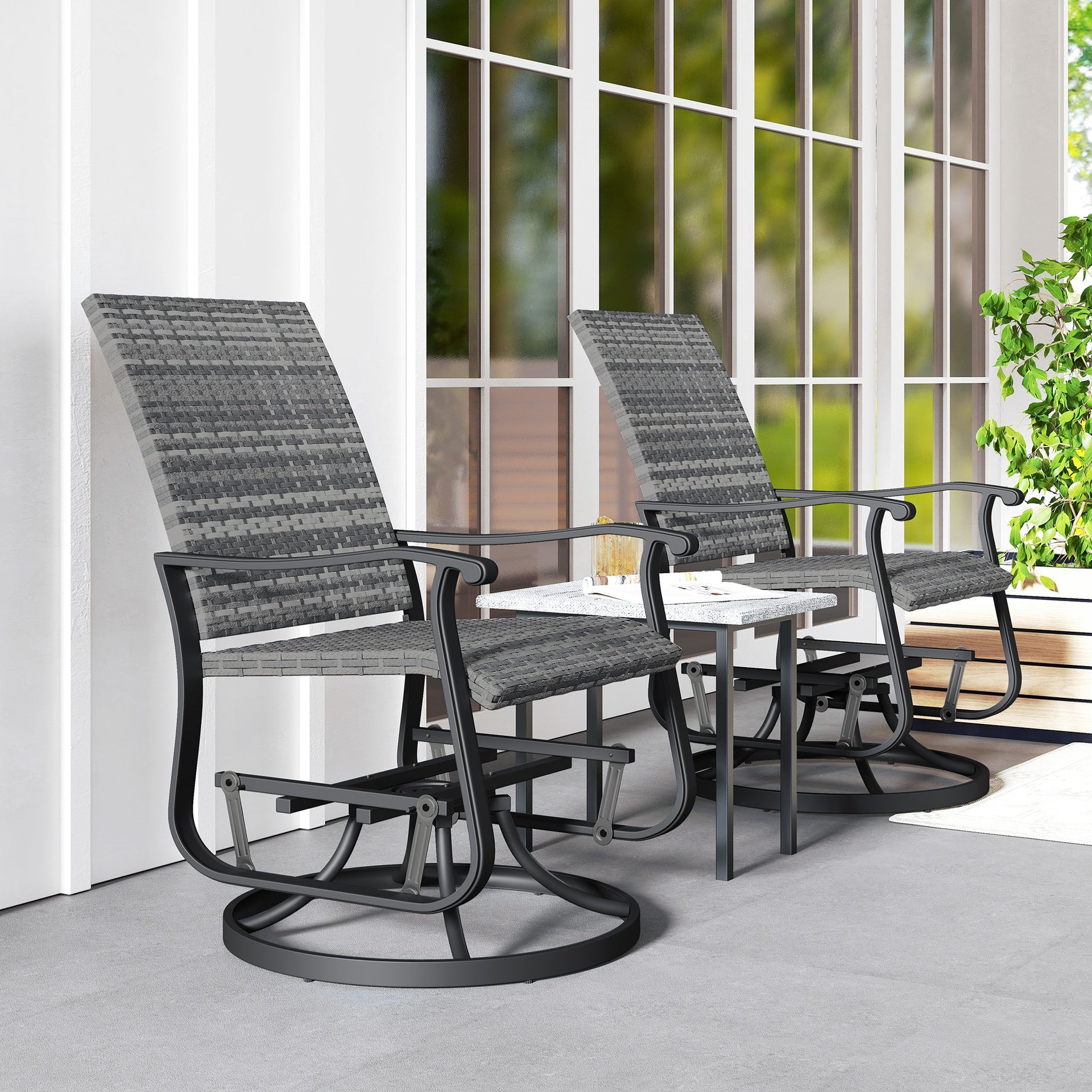 Outsunny Wicker Rattan Swivel Patio Glider Chair Set of 2, Outdoor Glider Chair with Steel Frame, High Back, Gray