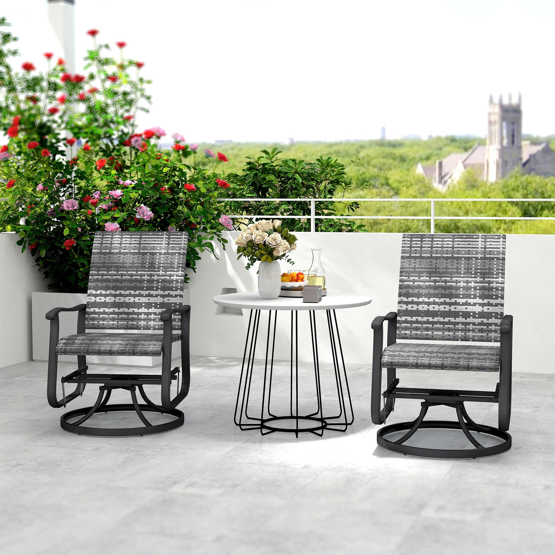 Outsunny Wicker Rattan Swivel Patio Glider Chair Set of 2, Outdoor Glider Chair with Steel Frame, High Back, Gray