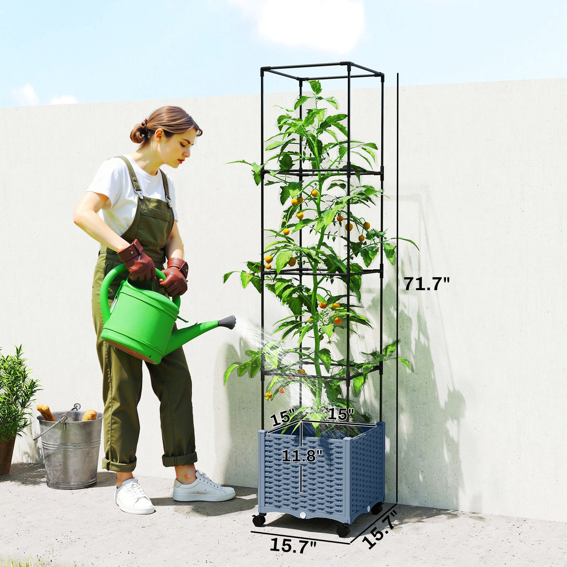 Outsunny Raised Garden Bed with Trellis, Tomato Cage with Lockable Wheels, Self Watering Planter Box with Drainage Holes, Gray