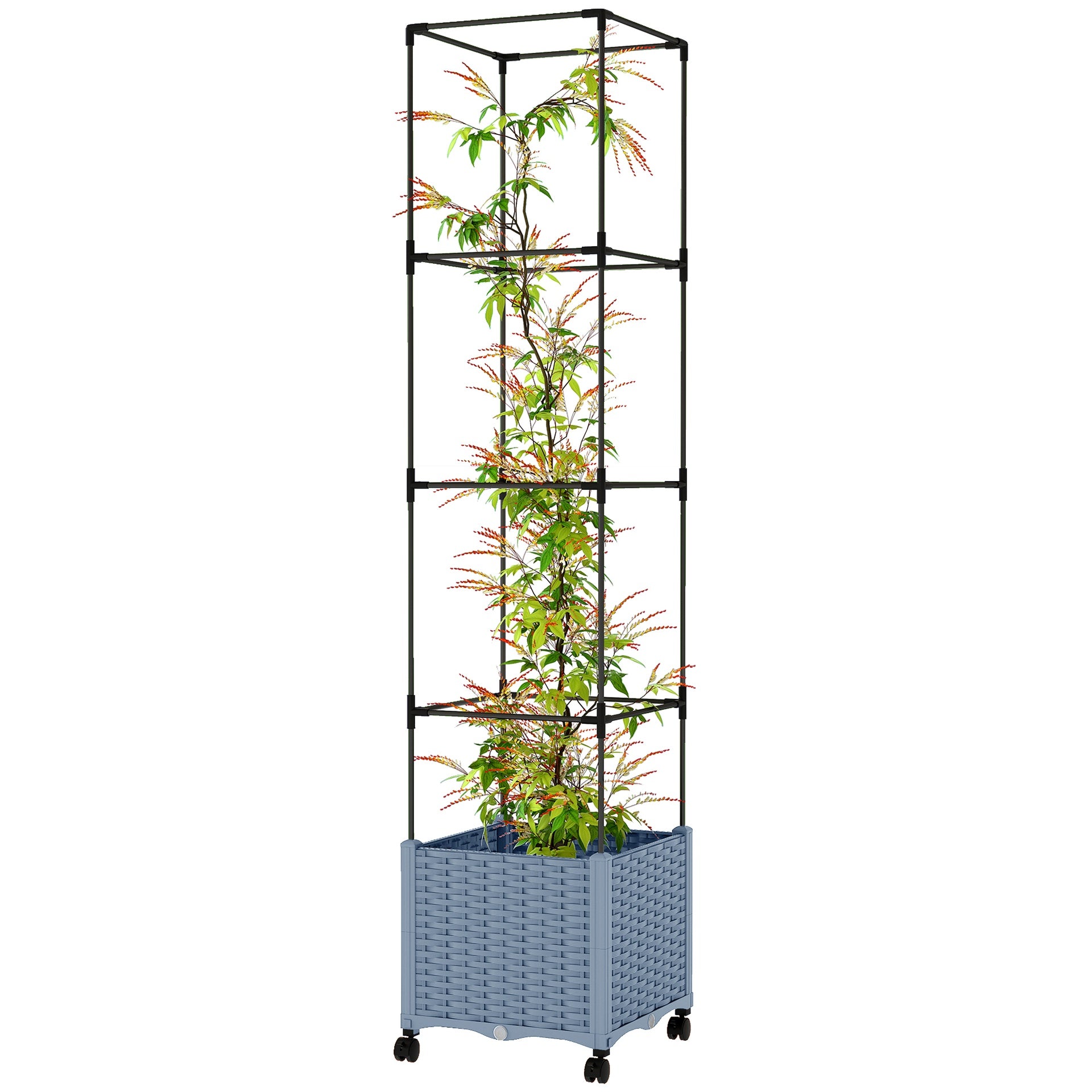 Outsunny Raised Garden Bed with Trellis, Tomato Cage with Lockable Wheels, Self Watering Planter Box with Drainage Holes, Gray
