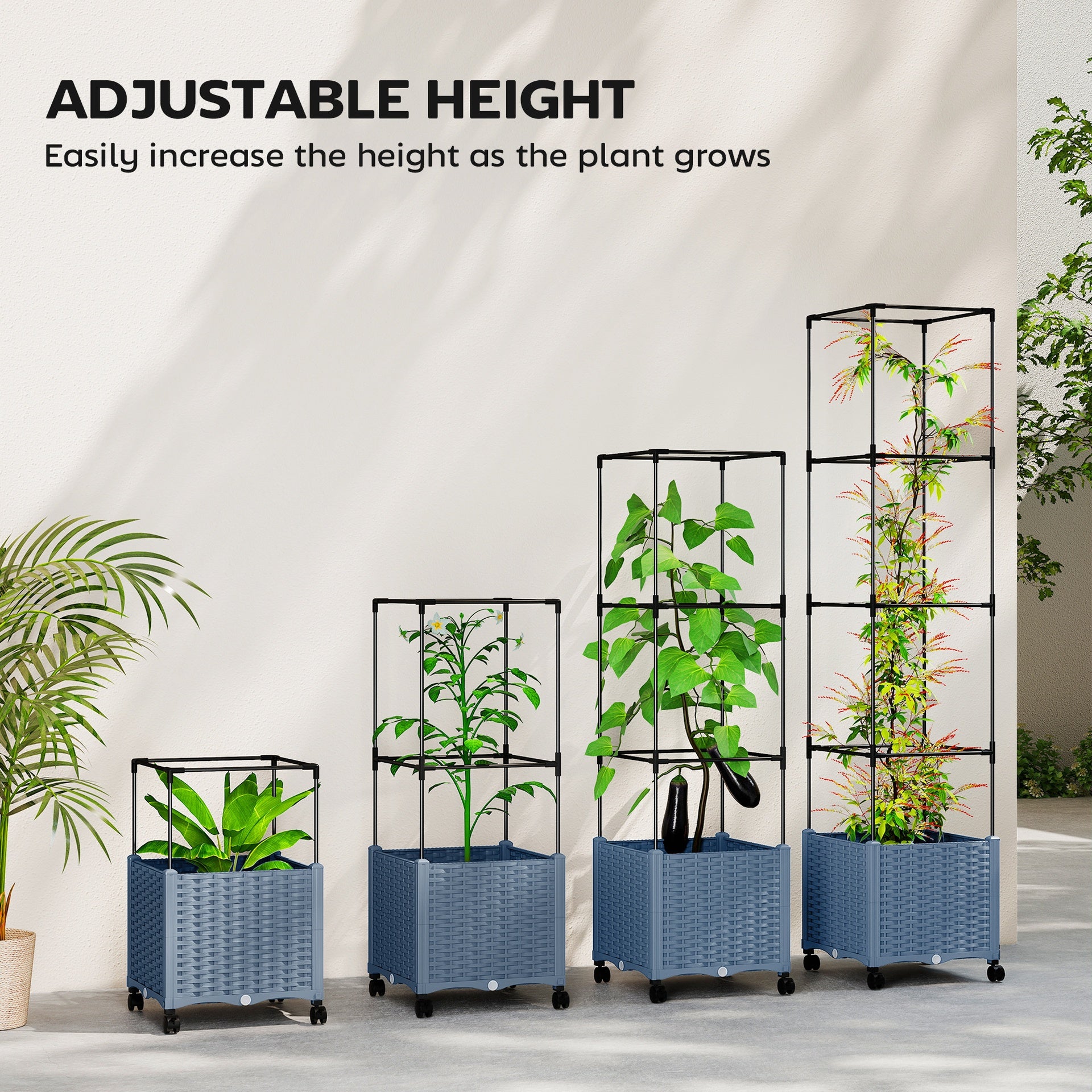 Outsunny Raised Garden Bed with Trellis, Tomato Cage with Lockable Wheels, Self Watering Planter Box with Drainage Holes, Gray