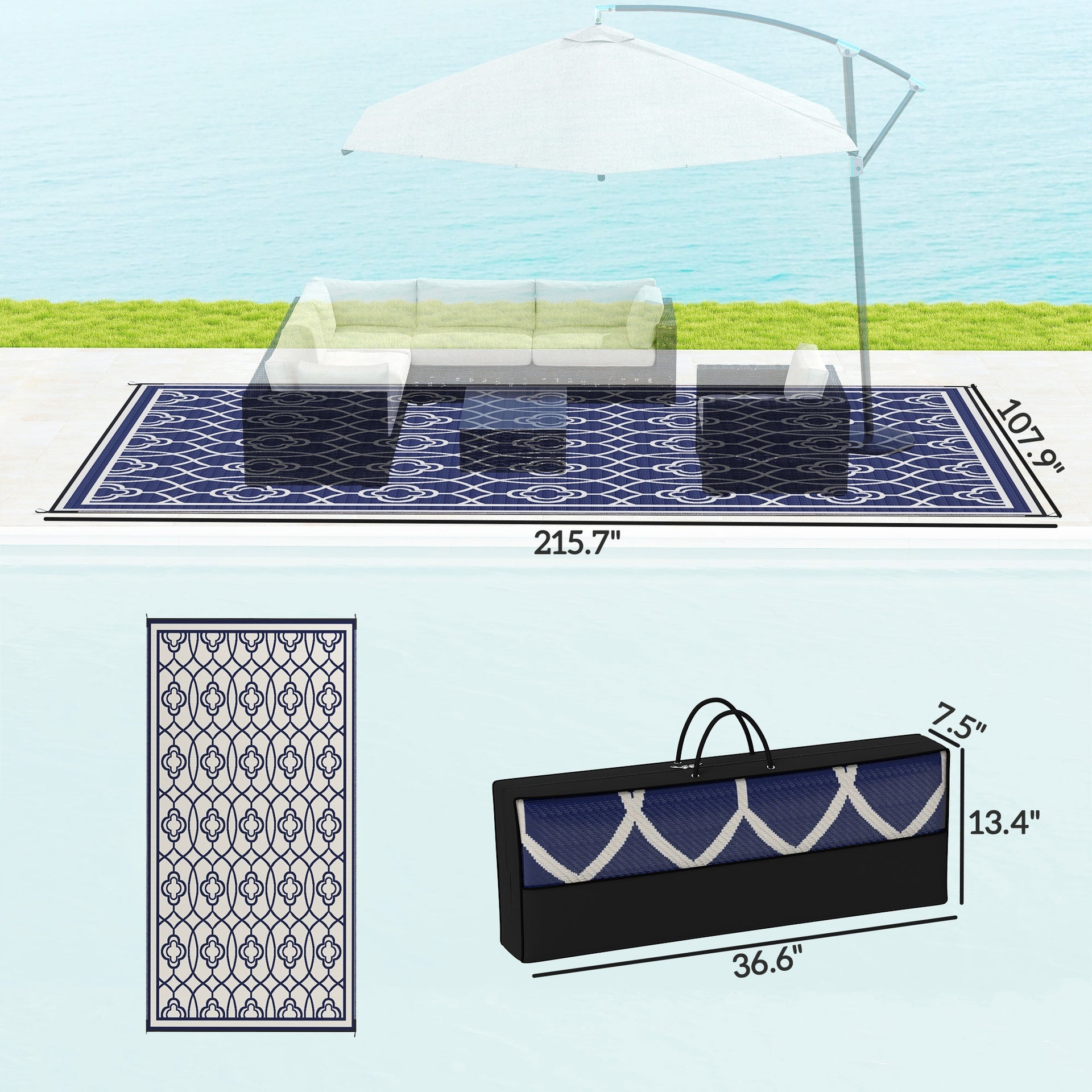 Outsunny Reversible Outdoor Rug, Waterproof Plastic Straw with Carry Bag, 9' x 18', Blue & White Lantern