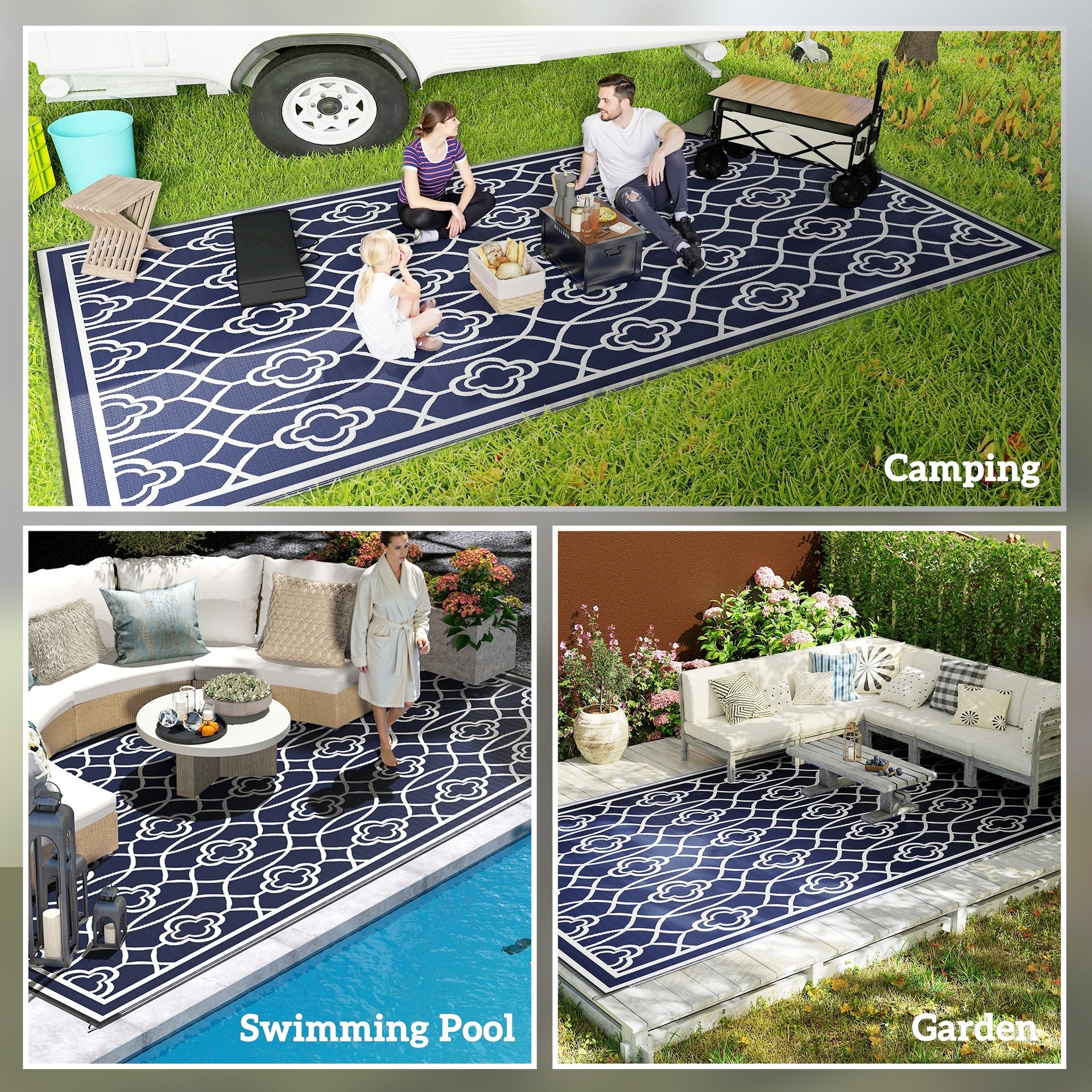 Outsunny Reversible Outdoor Rug, Waterproof Plastic Straw with Carry Bag, 9' x 18', Blue & White Lantern