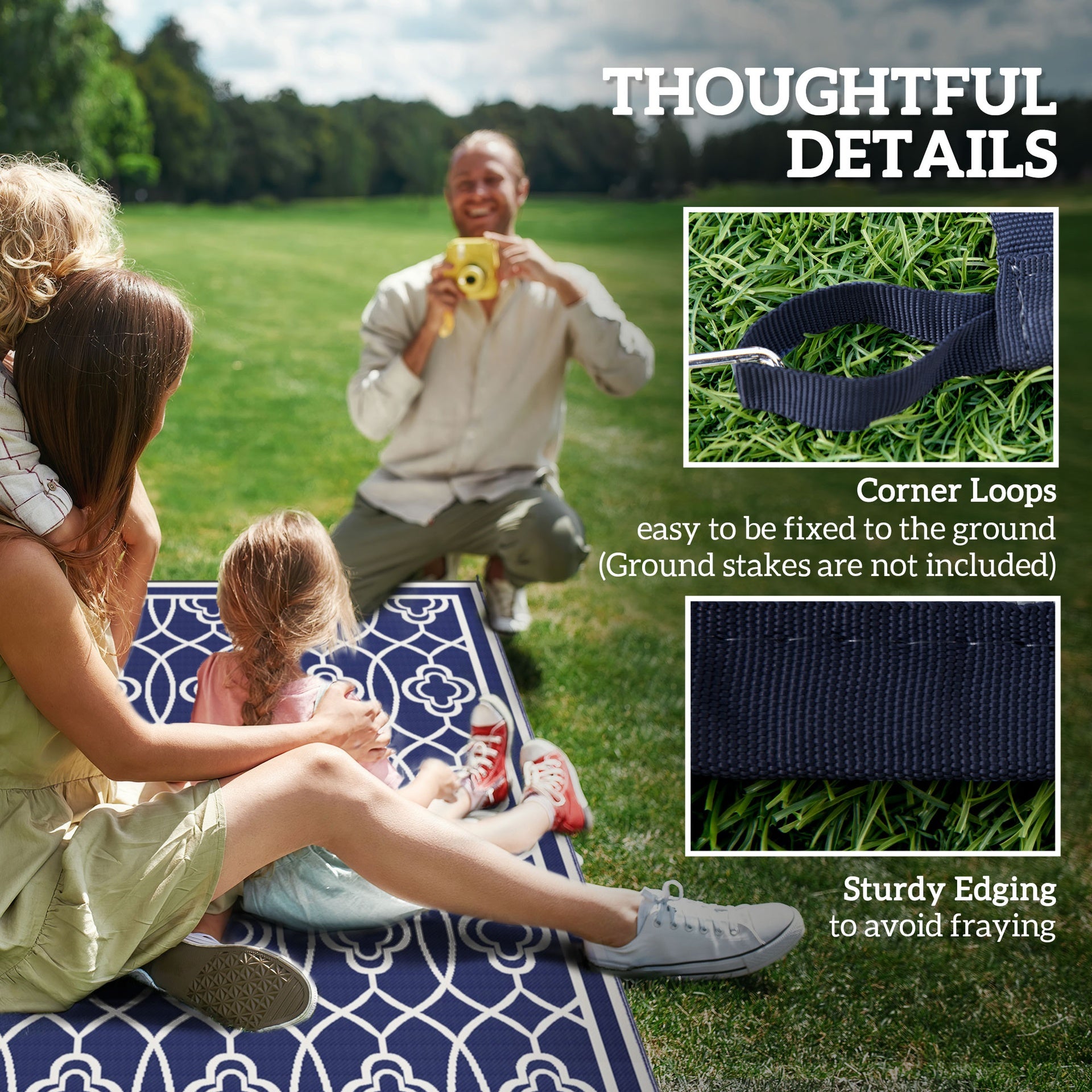 Outsunny Reversible Outdoor Rug, Waterproof Plastic Straw with Carry Bag, 9' x 18', Blue & White Lantern