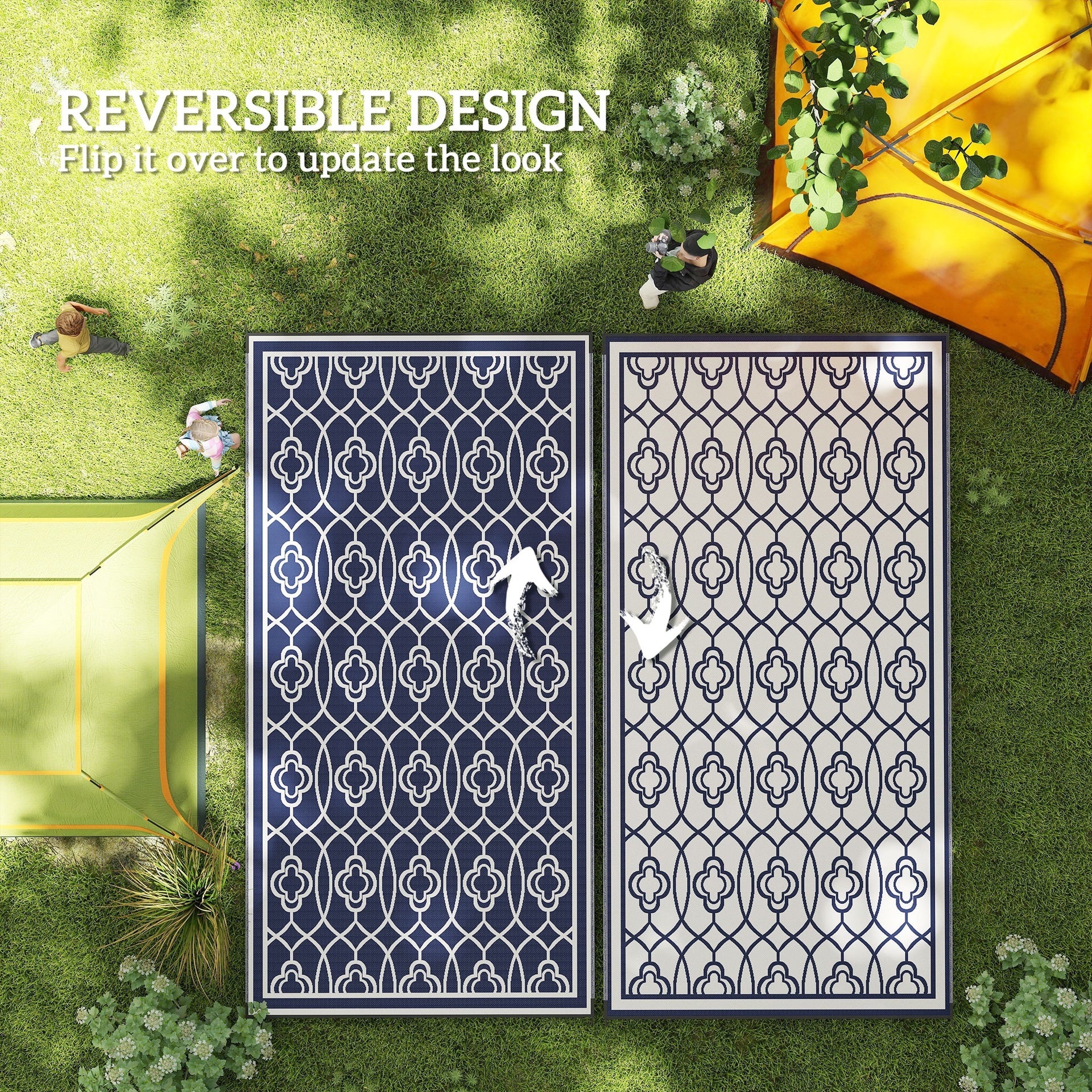 Outsunny Reversible Outdoor Rug, Waterproof Plastic Straw with Carry Bag, 9' x 18', Blue & White Lantern