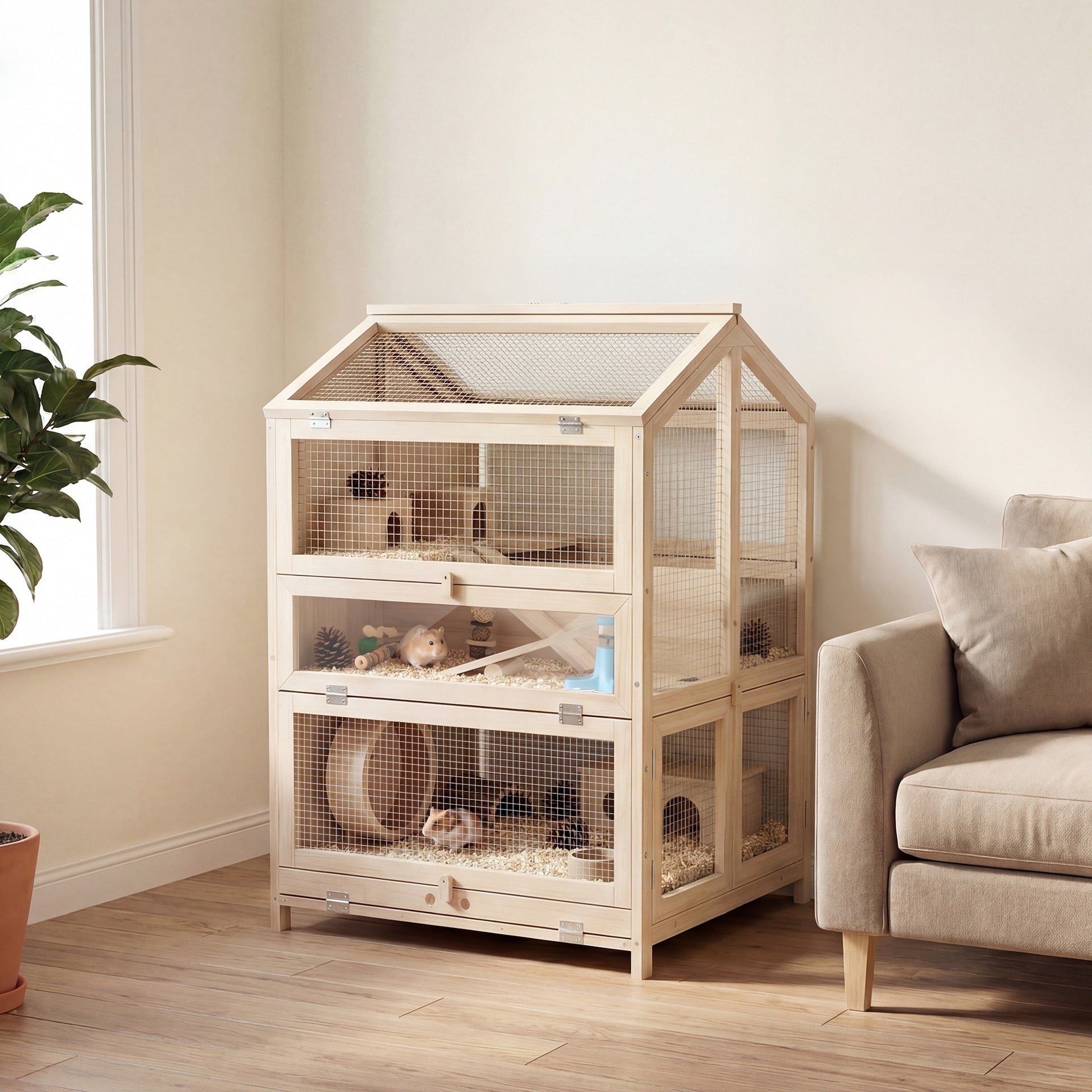 PawHut Wooden Hamster Cage, Large 3 Tier Hamster Cage w/ Pull-Out Tray, Openable Top, Hut, Seesaws, 26.8"L x 24.2"W x 35.4"H