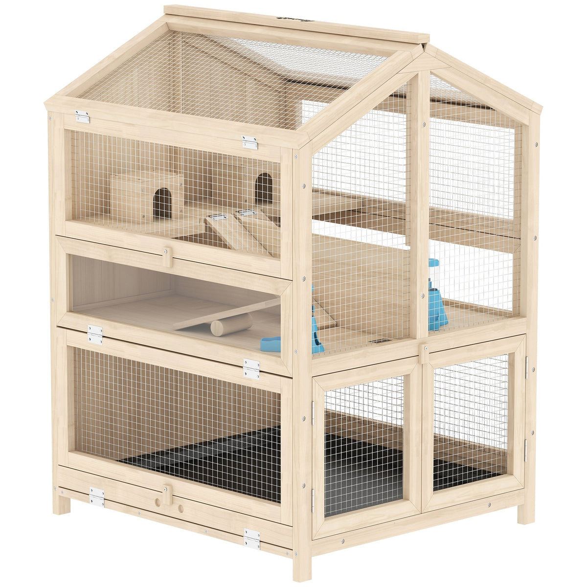 PawHut Wooden Hamster Cage, Large 3 Tier Hamster Cage w/ Pull-Out Tray, Openable Top, Hut, Seesaws, 26.8"L x 24.2"W x 35.4"H
