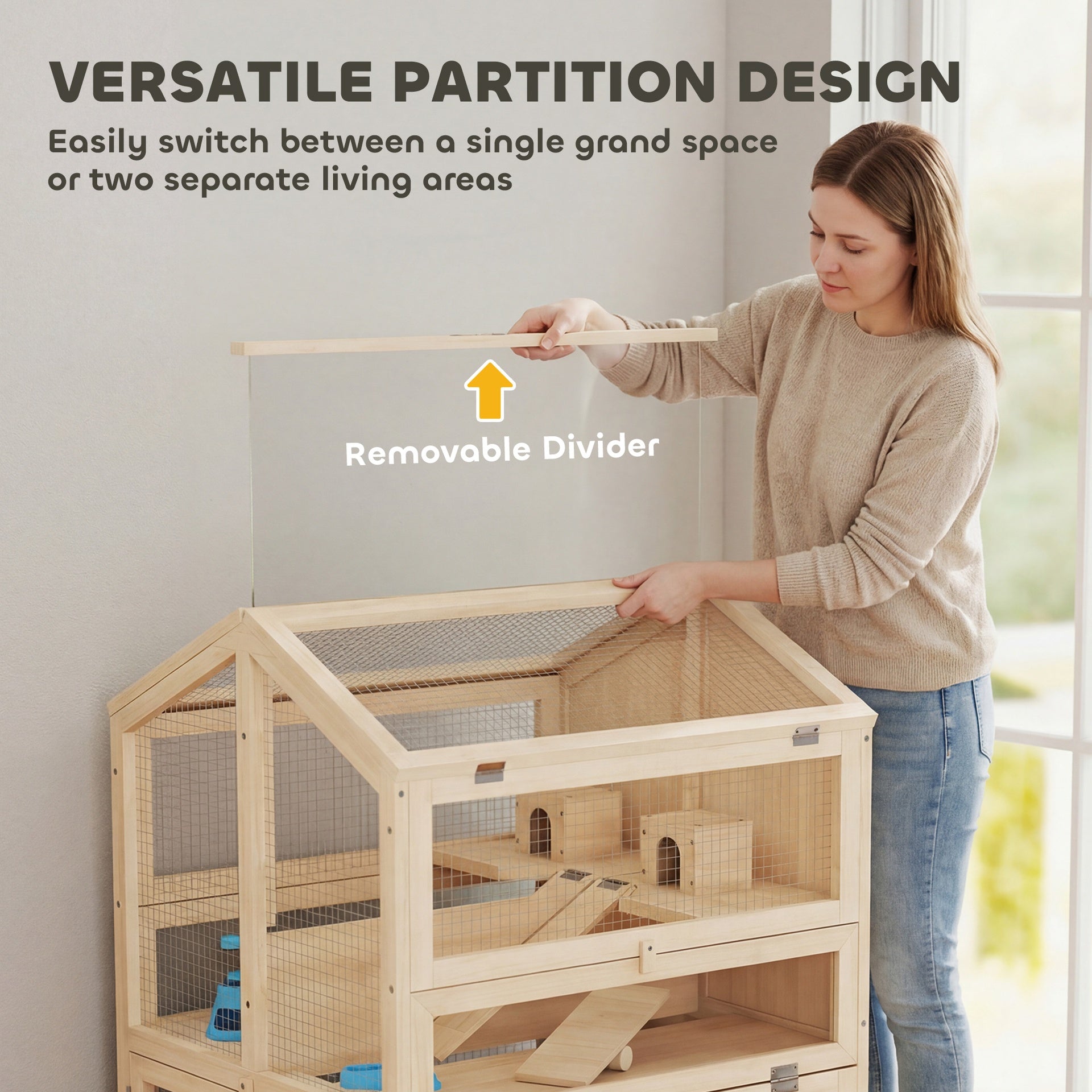 PawHut Wooden Hamster Cage, Large 3 Tier Hamster Cage w/ Pull-Out Tray, Openable Top, Hut, Seesaws, 26.8"L x 24.2"W x 35.4"H
