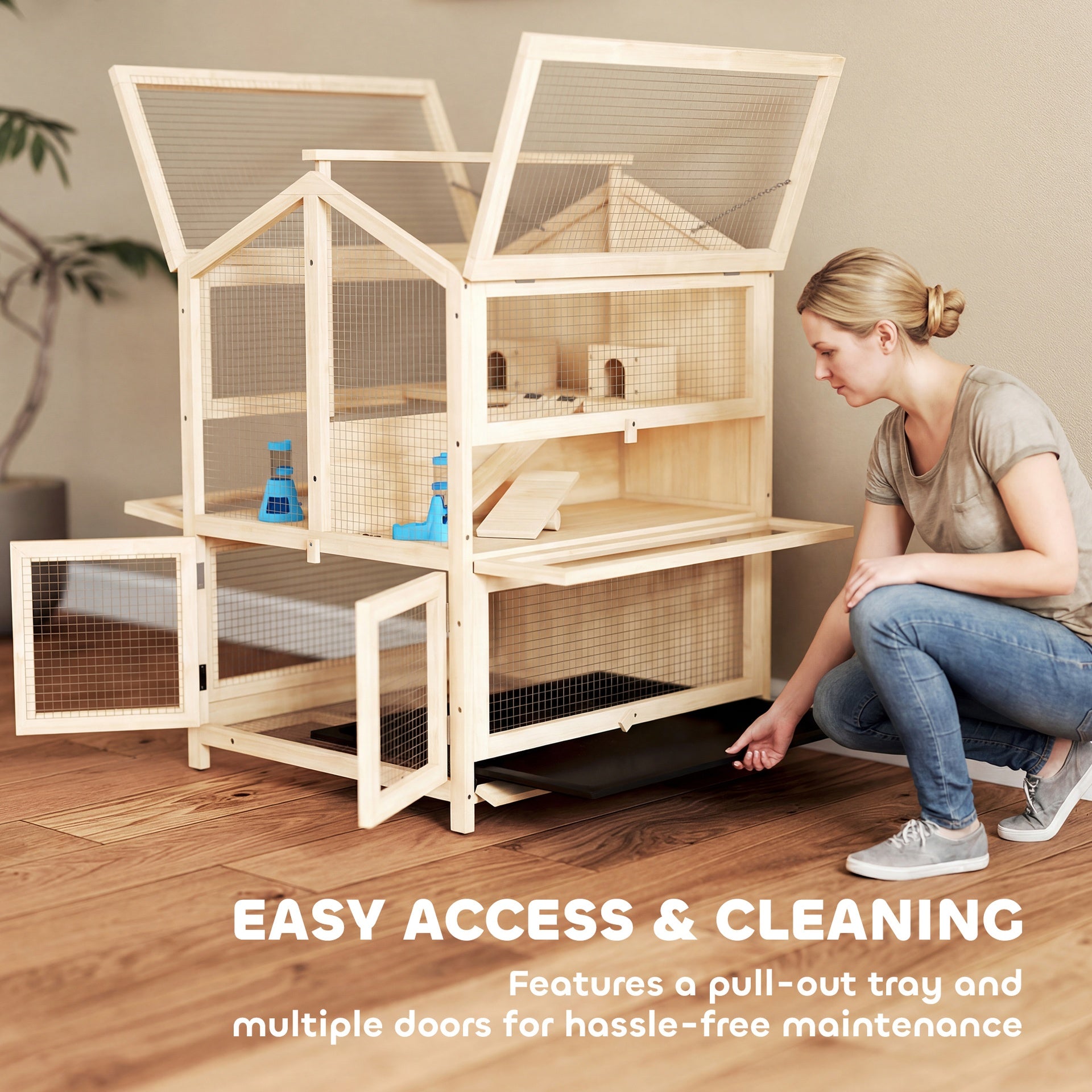 PawHut Wooden Hamster Cage, Large 3 Tier Hamster Cage w/ Pull-Out Tray, Openable Top, Hut, Seesaws, 26.8"L x 24.2"W x 35.4"H