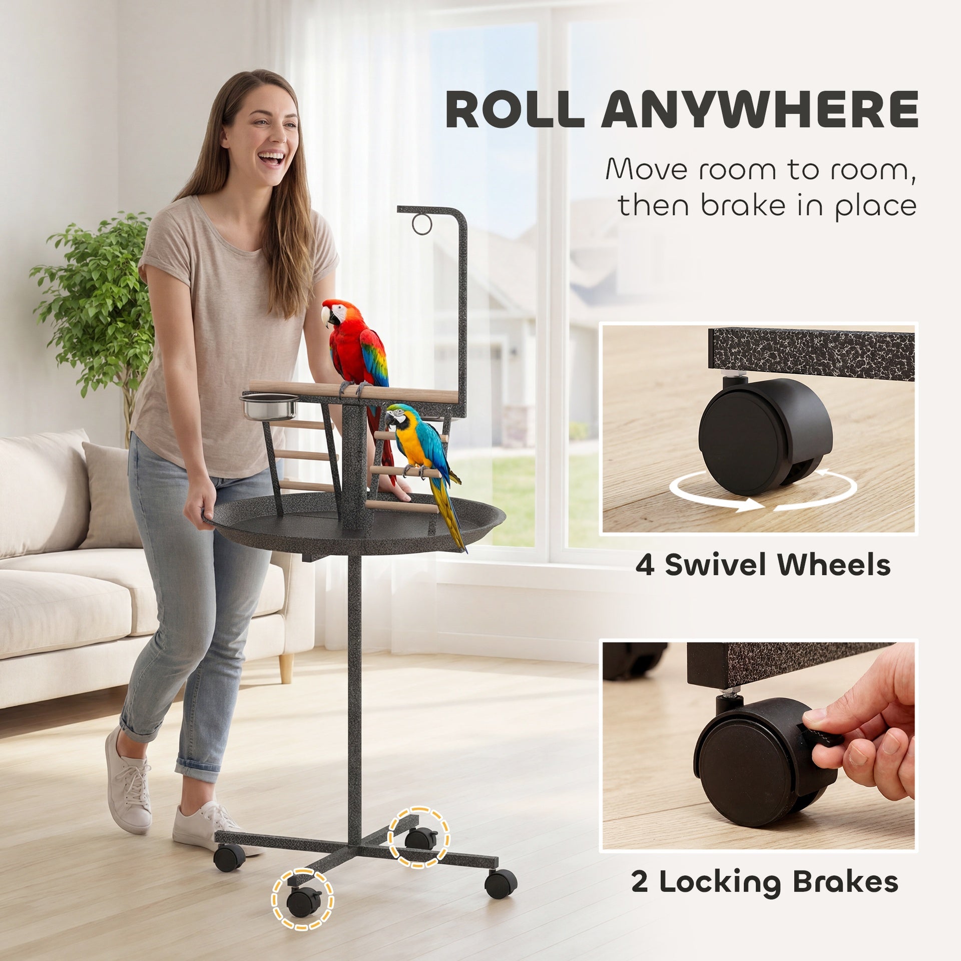 PawHut Bird Stand with Wheels Parrot Play Stand with Round Tray Stainless Steel Feed Bowls Indoor Outdoor Dark Gray