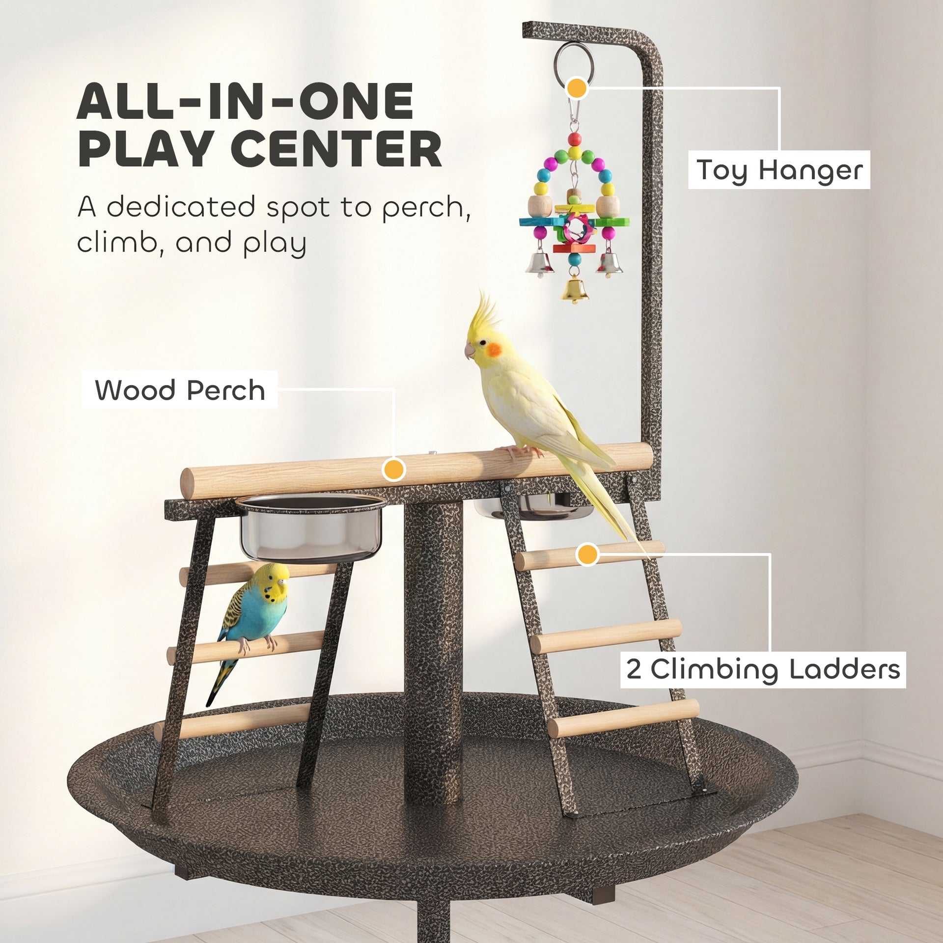 PawHut Bird Stand with Wheels Parrot Play Stand with Round Tray Stainless Steel Feed Bowls Indoor Outdoor Dark Gray