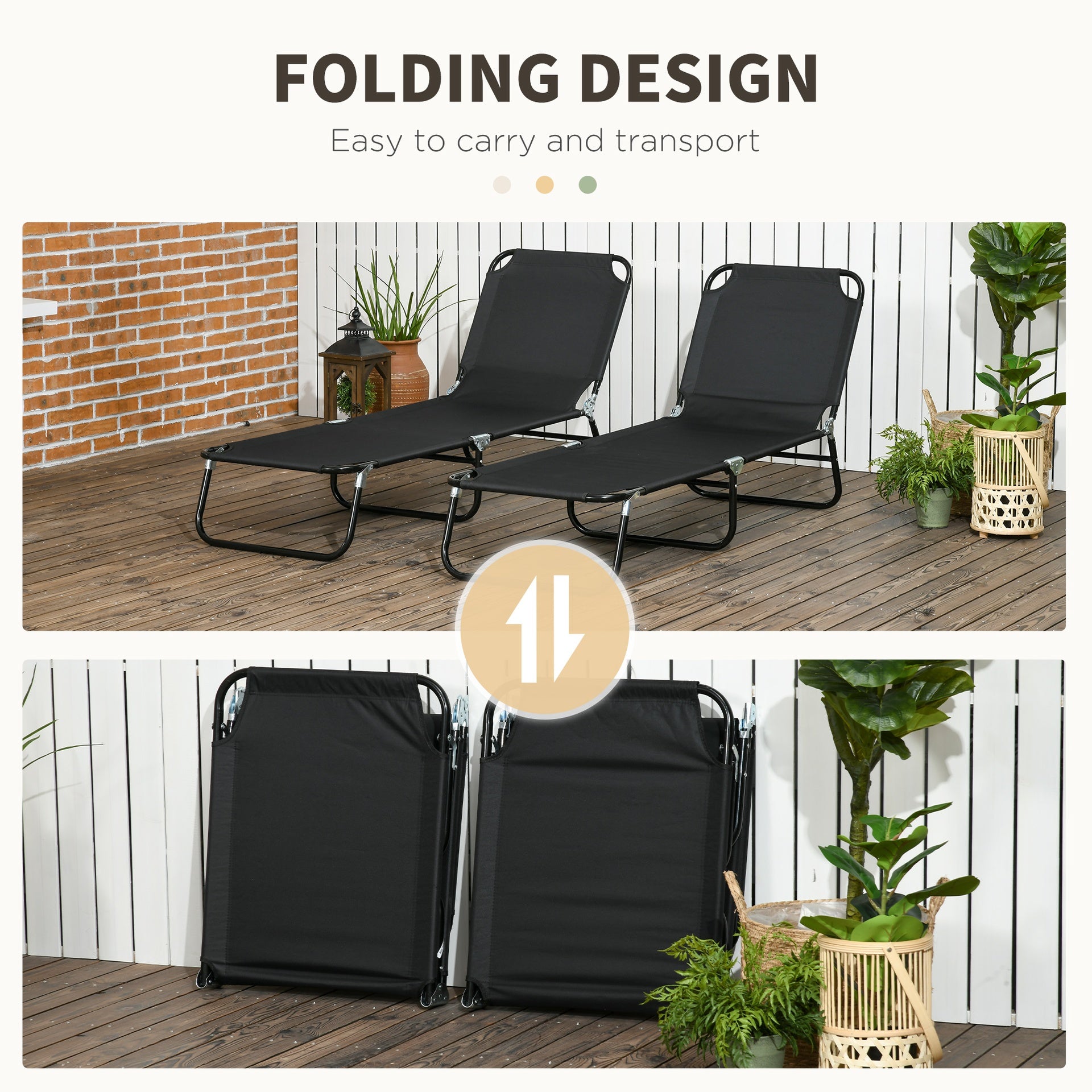 Outsunny 2 Piece Folding Chaise Lounge Pool Chairs, Outdoor Sun Tanning Chairs with 5-Level Reclining Back, Steel Frame for Beach, Yard, Patio, Black