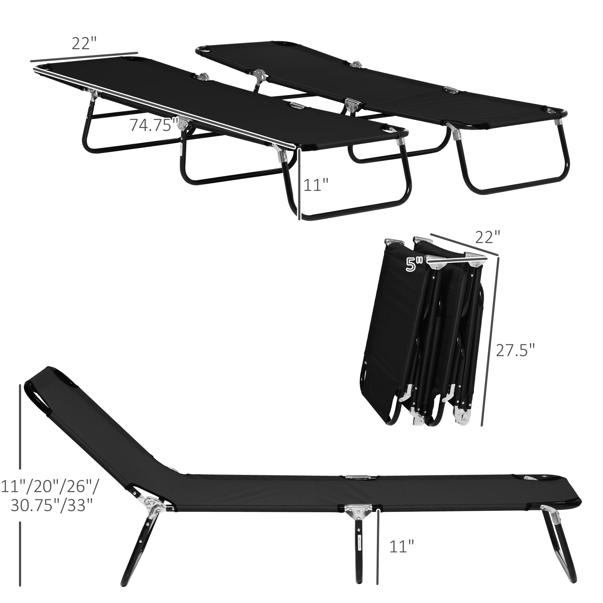 Outsunny 2 Piece Folding Chaise Lounge Pool Chairs, Outdoor Sun Tanning Chairs with 5-Level Reclining Back, Steel Frame for Beach, Yard, Patio, Black