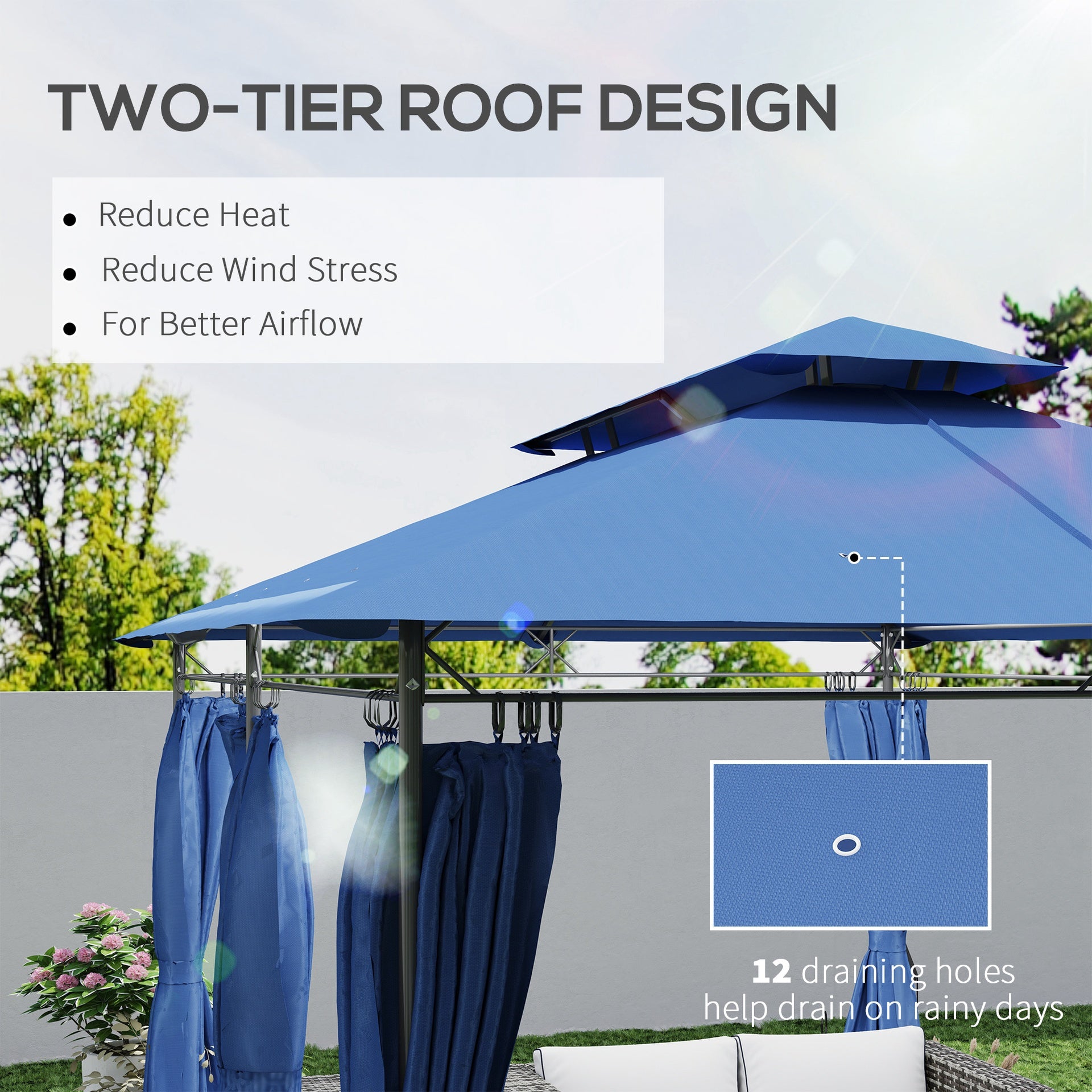 Outsunny 10' x 13' Double Roof Patio Gazebo, Outdoor Gazebo with Curtains, for Garden, Lawn, Backyard and Deck, Dark Blue