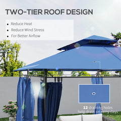Outsunny 10' x 13' Double Roof Patio Gazebo, Outdoor Gazebo with Curtains, for Garden, Lawn, Backyard and Deck, Dark Blue