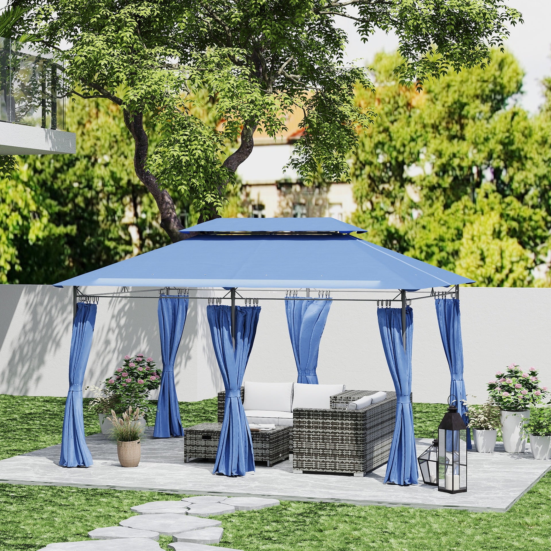 Outsunny 10' x 13' Double Roof Patio Gazebo, Outdoor Gazebo with Curtains, for Garden, Lawn, Backyard and Deck, Dark Blue