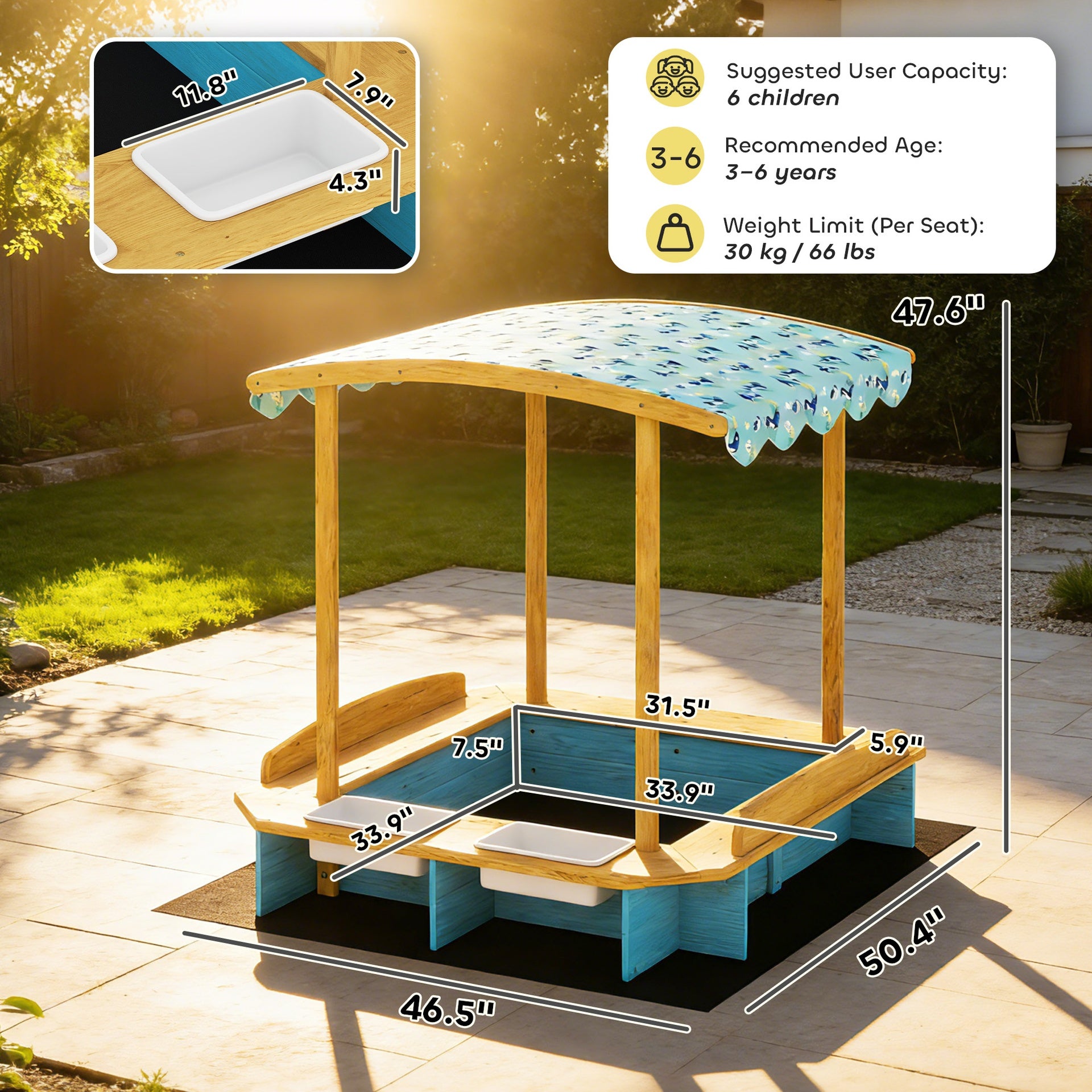 Qaba Wooden Sandbox with Dinosaur Print Canopy Kids Sandbox Outdoor with Bench Seats & 2 Storage Bins