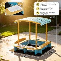 Qaba Wooden Sandbox with Dinosaur Print Canopy Kids Sandbox Outdoor with Bench Seats & 2 Storage Bins
