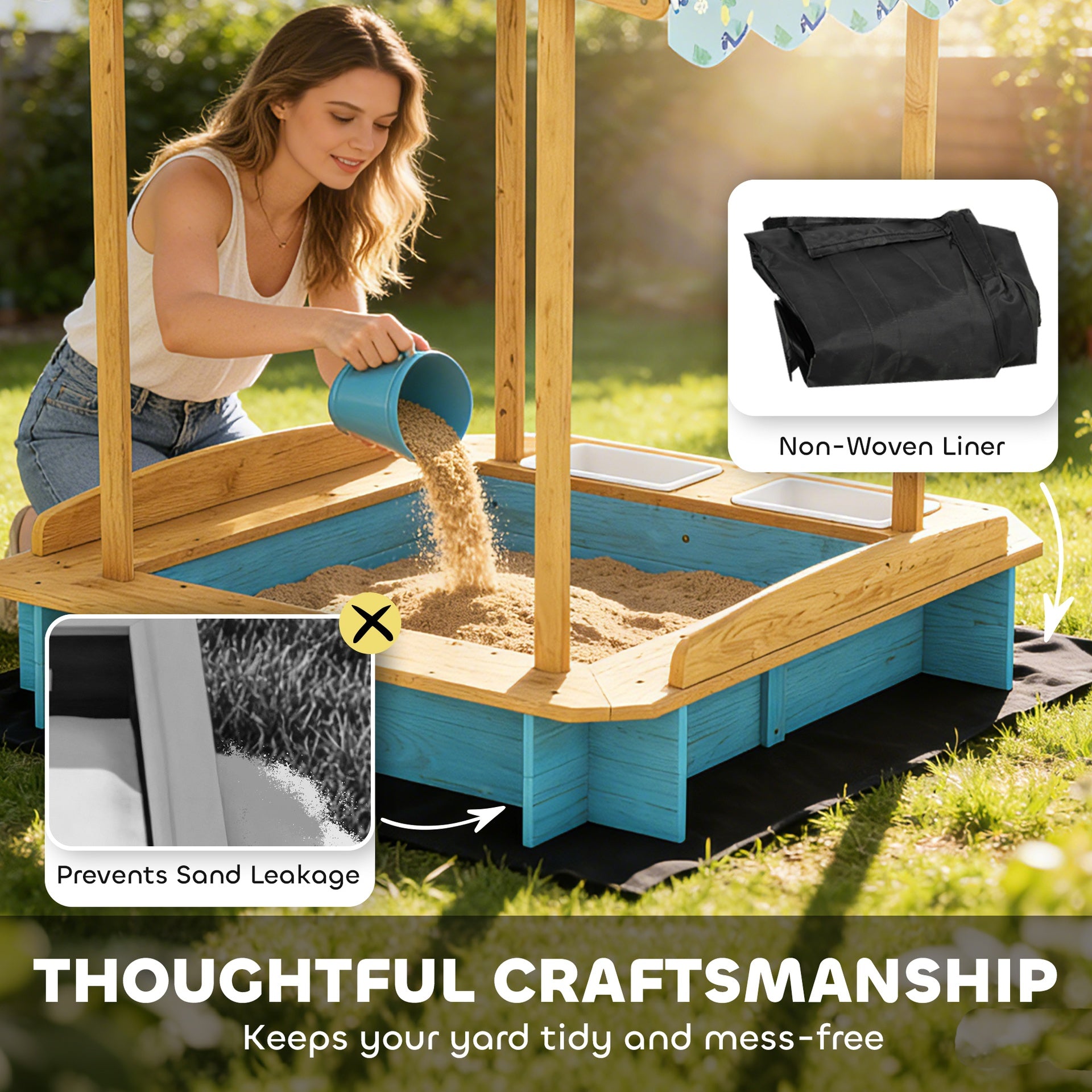 Qaba Wooden Sandbox with Dinosaur Print Canopy Kids Sandbox Outdoor with Bench Seats & 2 Storage Bins