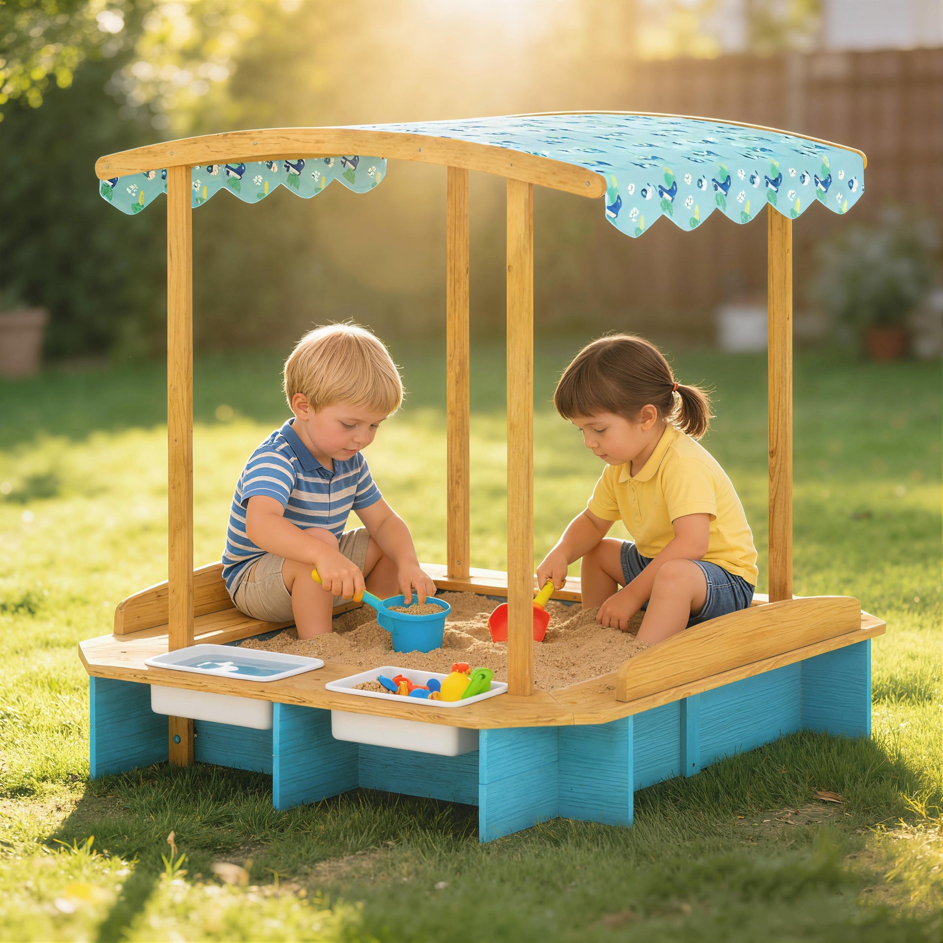 Qaba Wooden Sandbox with Dinosaur Print Canopy Kids Sandbox Outdoor with Bench Seats & 2 Storage Bins