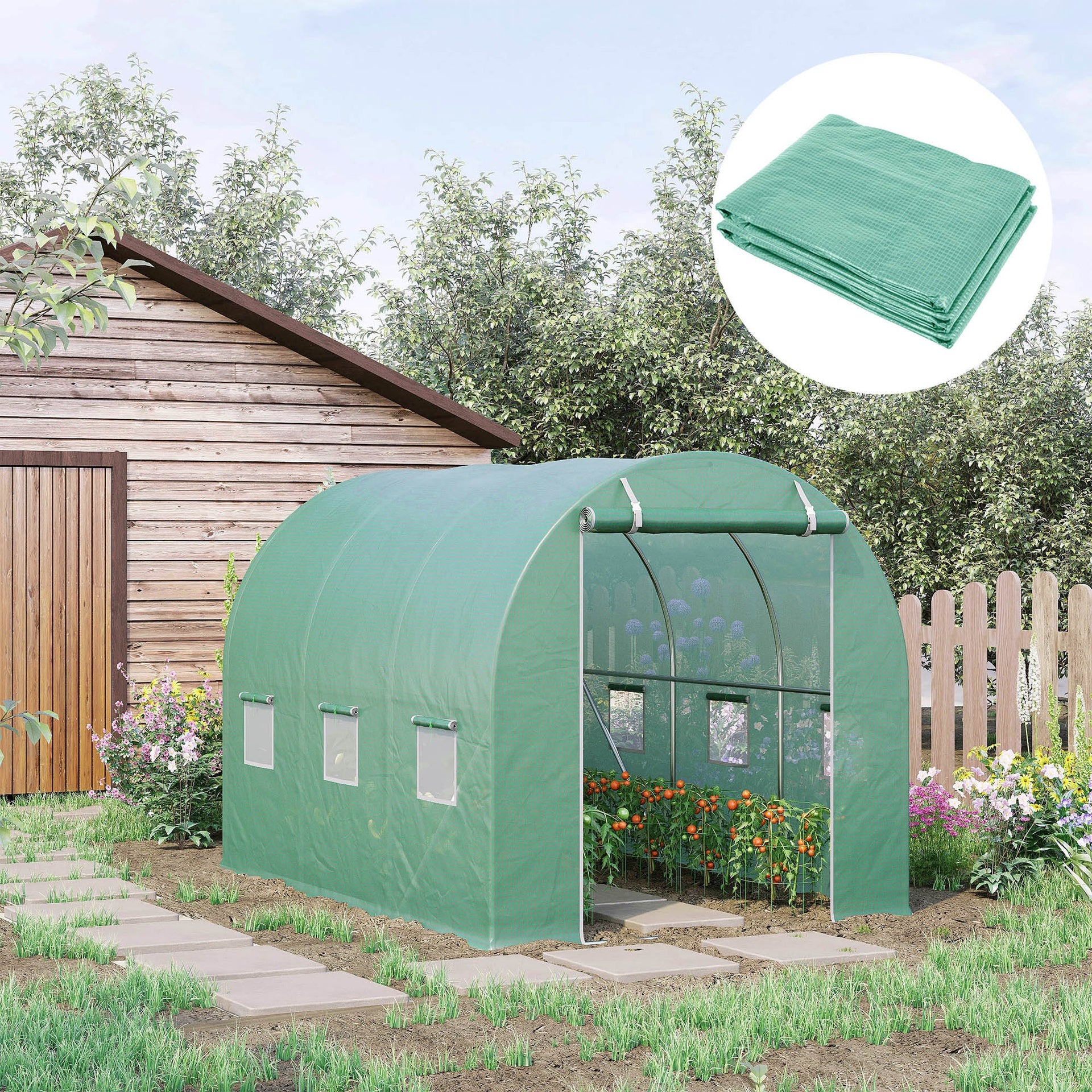 Outsunny 9.8' x 6.6' x 6.6' Plastic Greenhouse Cover Replacement, Heavy Duty Waterproof Tarp for Hoop House, Sheeting with 6 Windows, Door & Reinforcement Grid, Green