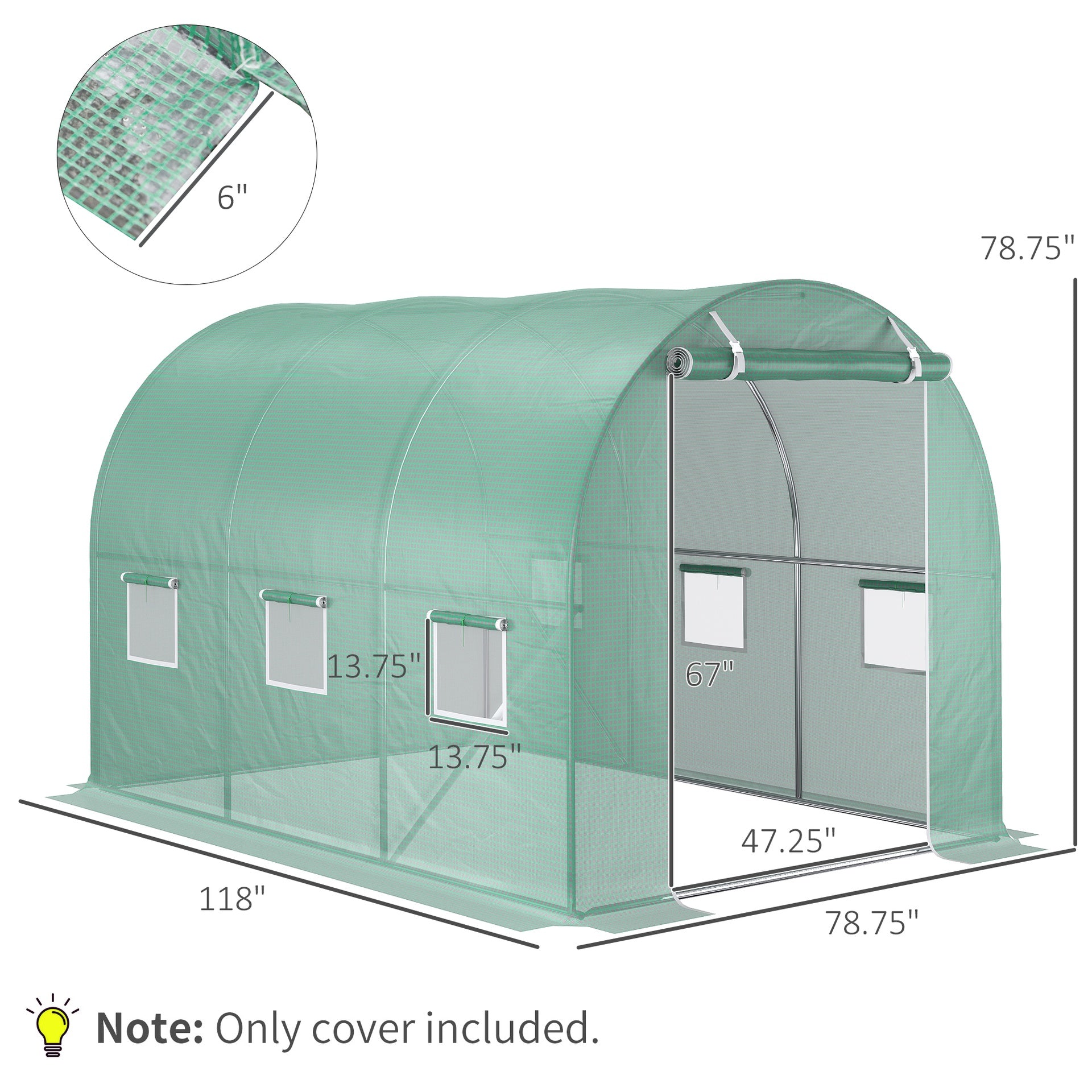 Outsunny 9.8' x 6.6' x 6.6' Plastic Greenhouse Cover Replacement, Heavy Duty Waterproof Tarp for Hoop House, Sheeting with 6 Windows, Door & Reinforcement Grid, Green