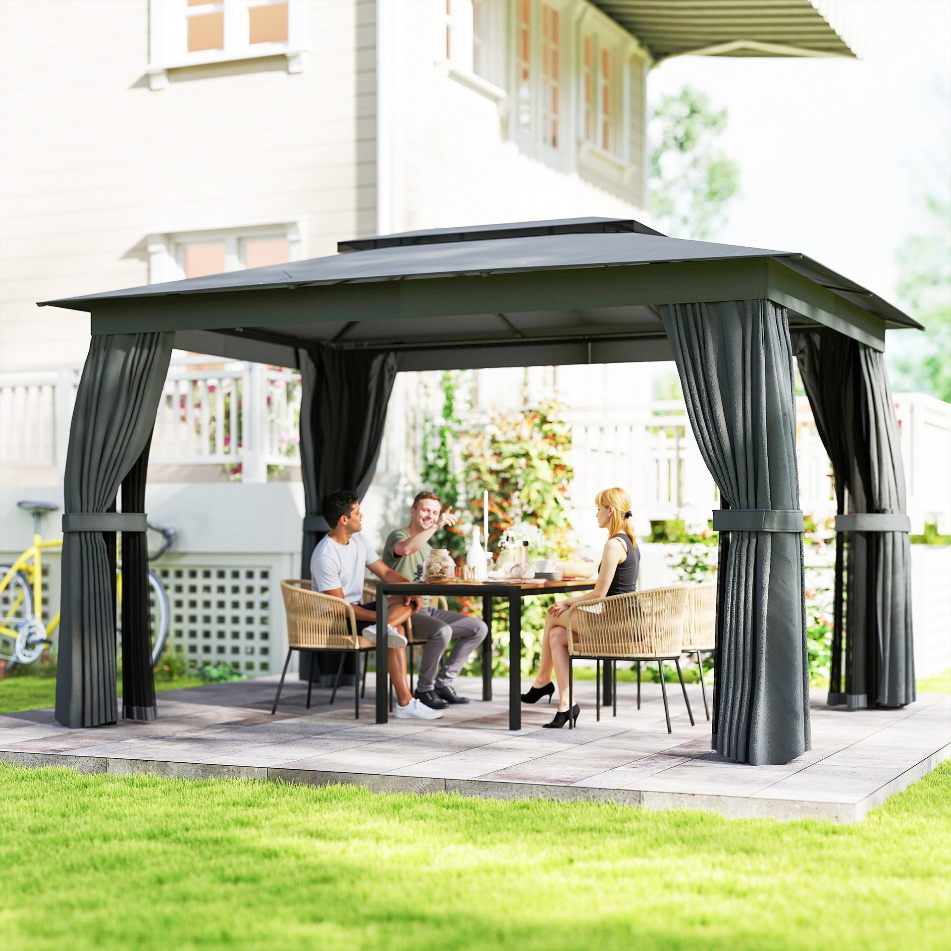 Outsunny 10' x 12' Outdoor Patio Gazebo, Soft Top Gazebo Canopy Shelter with Curtains, Netting, Steel Frame, Hooks, Dark Gray