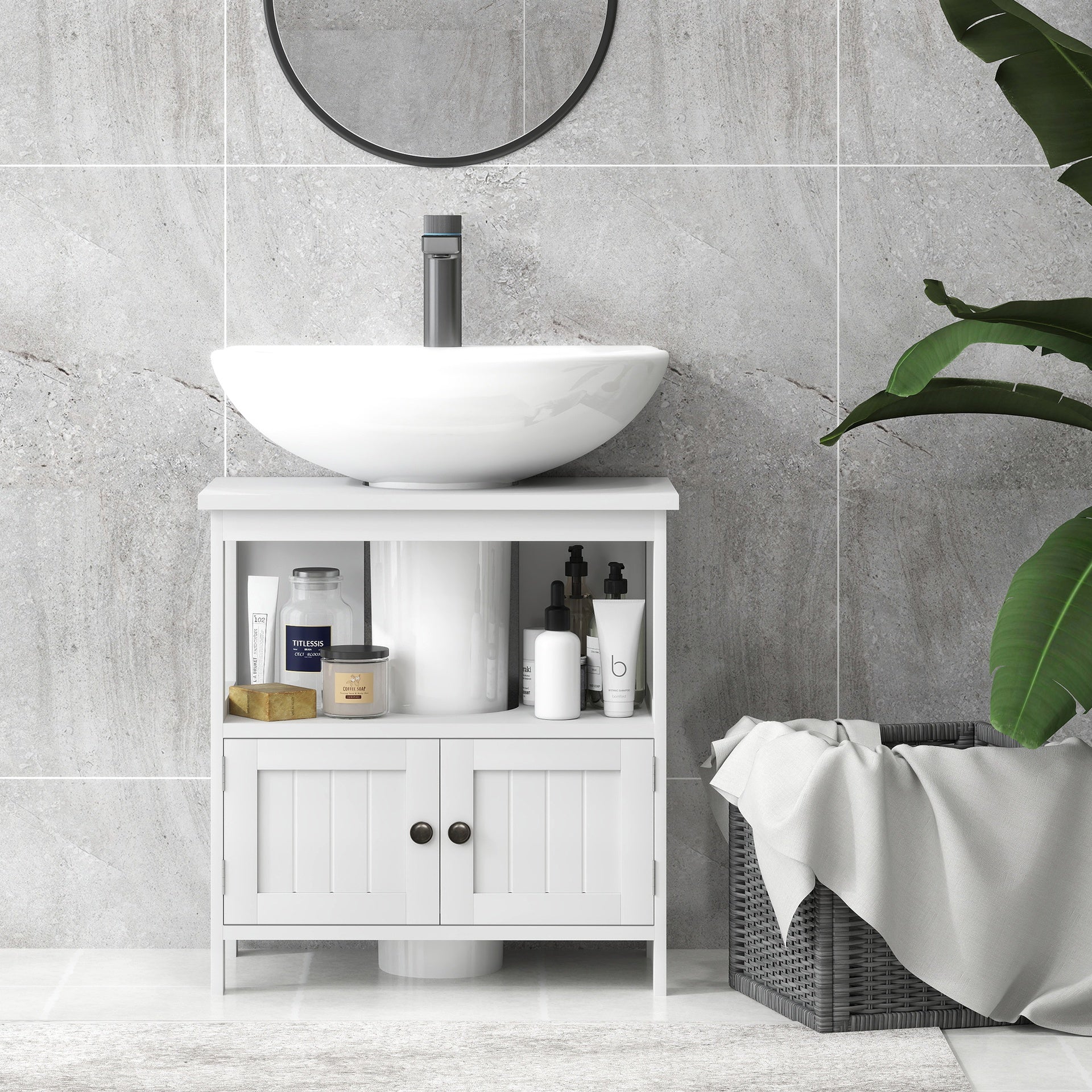 kleankin Pedestal Sink Storage Cabinet, Bathroom Under Sink Cabinet with 2 Doors and Open Shelf, Bathroom Vanity, White