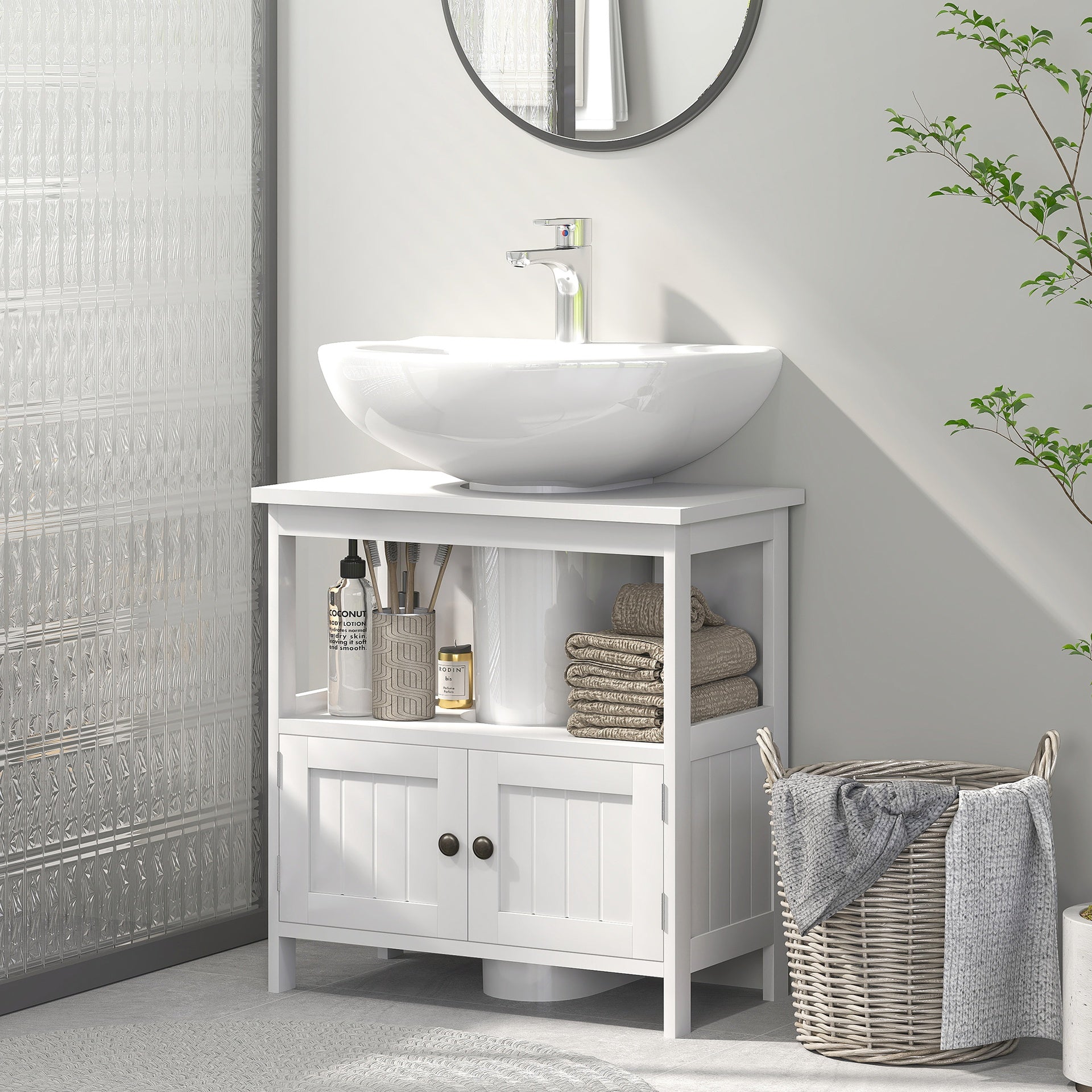 kleankin Pedestal Sink Storage Cabinet, Bathroom Under Sink Cabinet with 2 Doors and Open Shelf, Bathroom Vanity, White