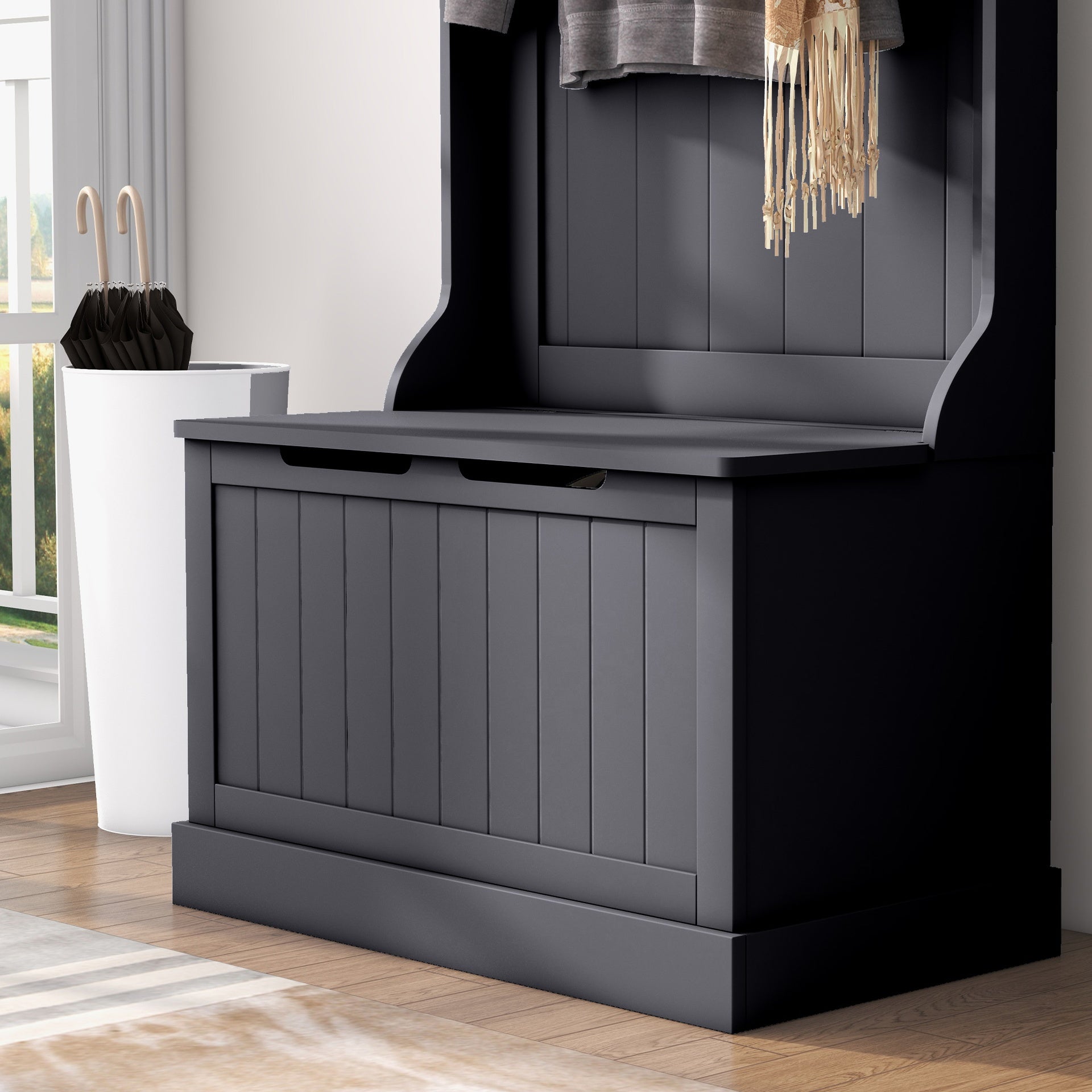 HOMCOM Entryway Hall Tree with Coat Rack and Sitting Bench, Mudroom Bench with Storage and Hooks, Black