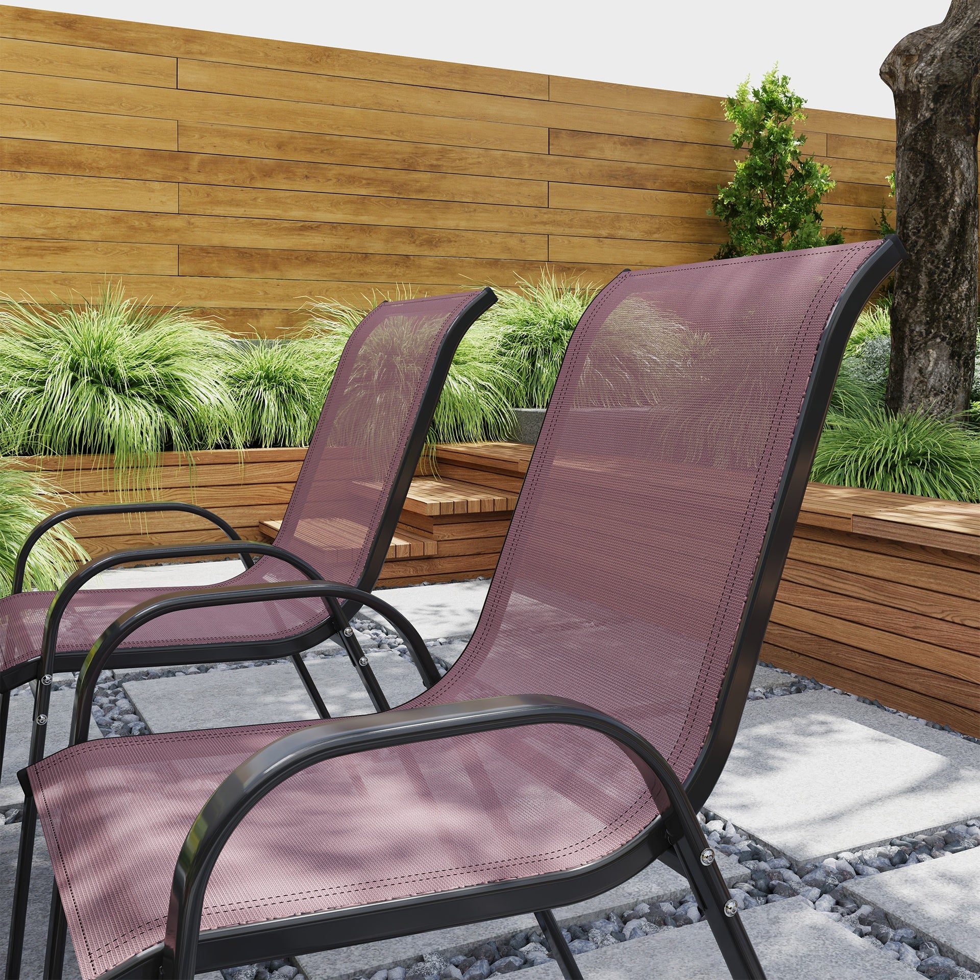 Outsunny Set of 4 Outdoor Dining Chairs, Stackable Patio Chairs with High Back, Breathable Mesh Seat for Garden Lawn, Brown