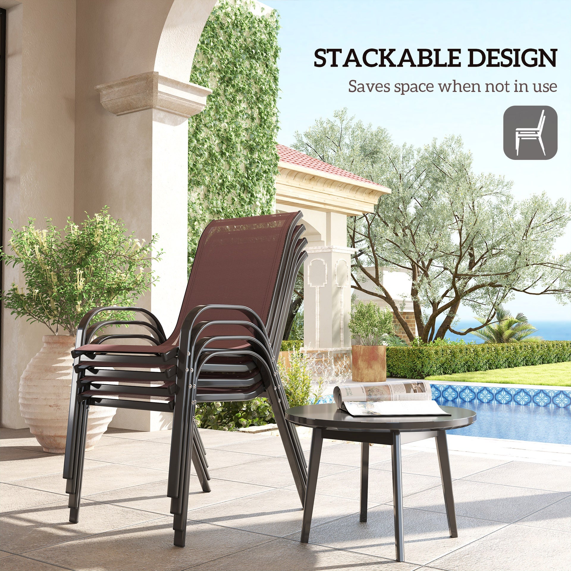 Outsunny Set of 4 Outdoor Dining Chairs, Stackable Patio Chairs with High Back, Breathable Mesh Seat for Garden Lawn, Brown