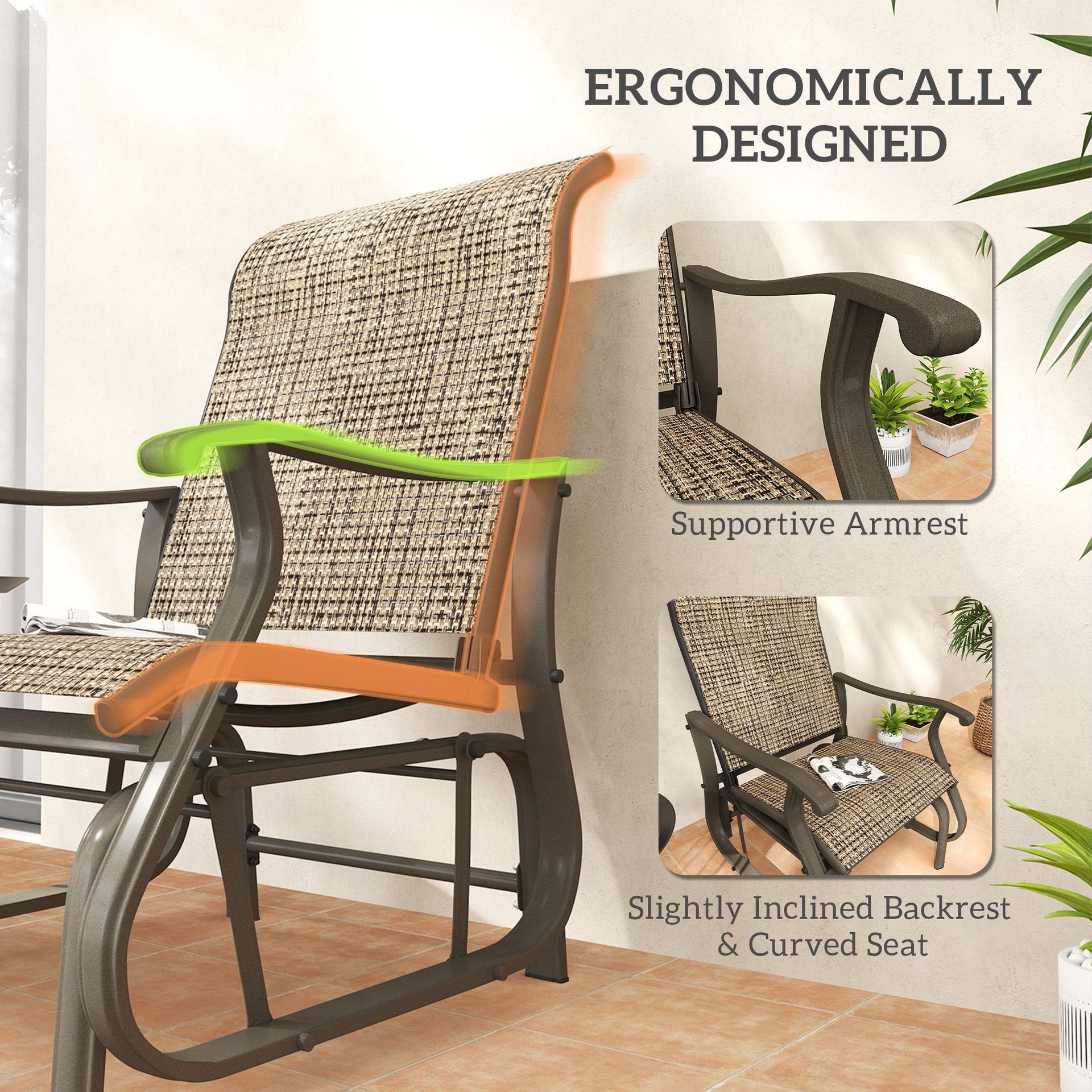 Outsunny Outdoor Glider Chair Patio Glider Swing Chair with Mesh Seat, Steel Frame for Backyard, Garden, Porch, Light Mixed Brown