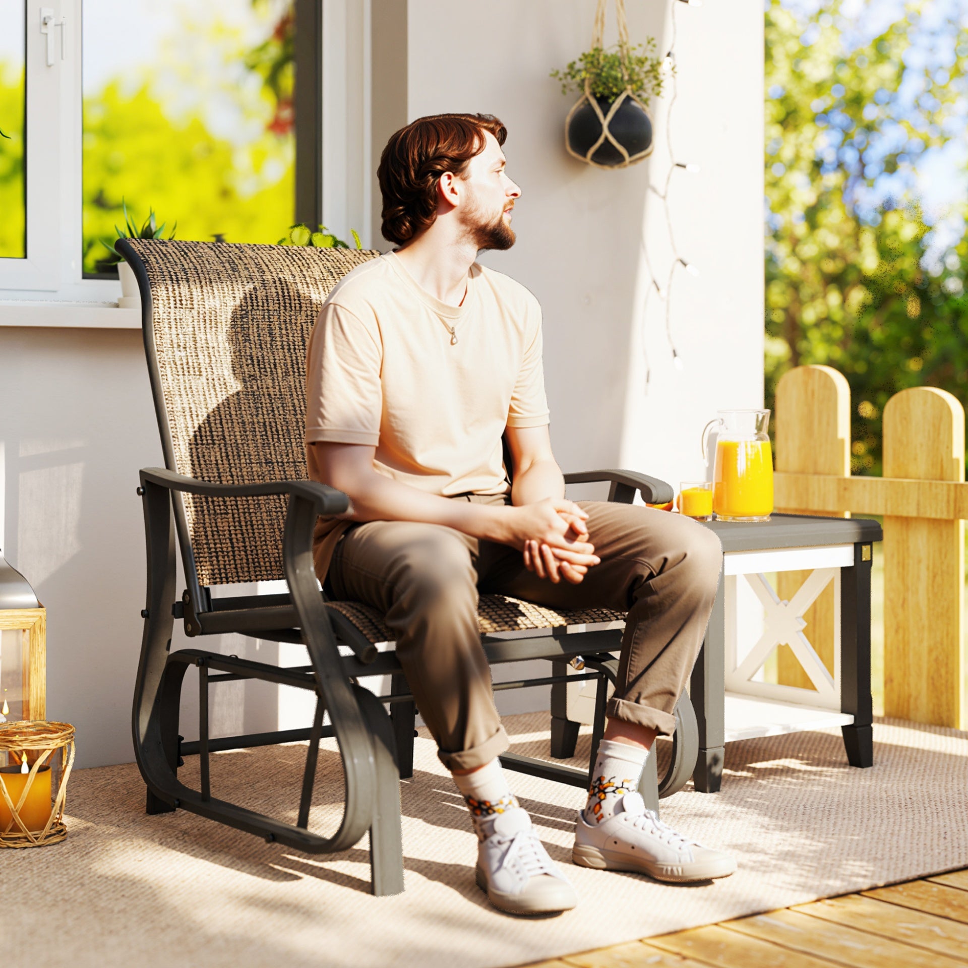 Outsunny Outdoor Glider Chair Patio Glider Swing Chair with Mesh Seat, Steel Frame for Backyard, Garden, Porch, Light Mixed Brown