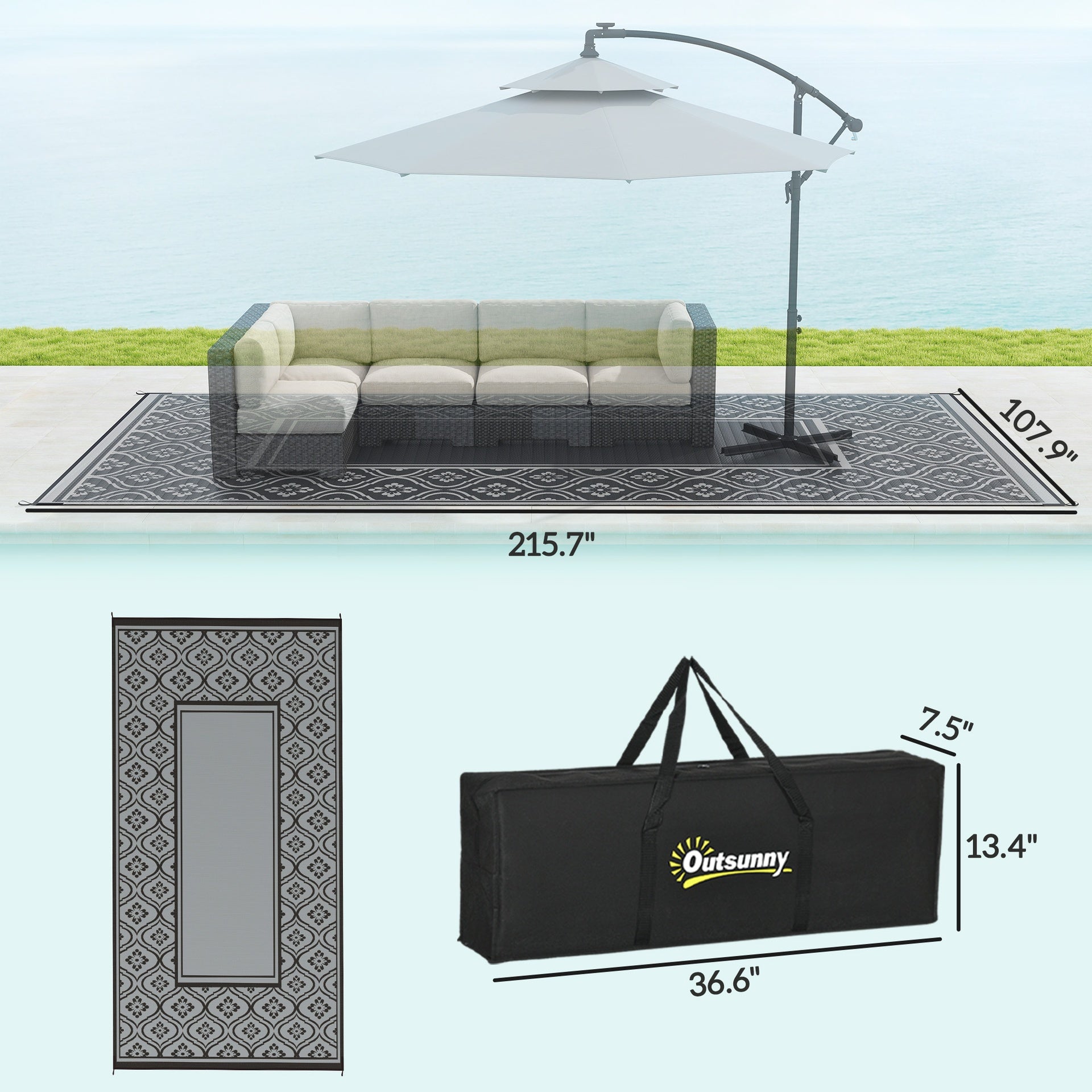 Outsunny Reversible Outdoor Rug, Waterproof Plastic Straw with Carry Bag, 9' x 18', Black & Gray Gourd Border