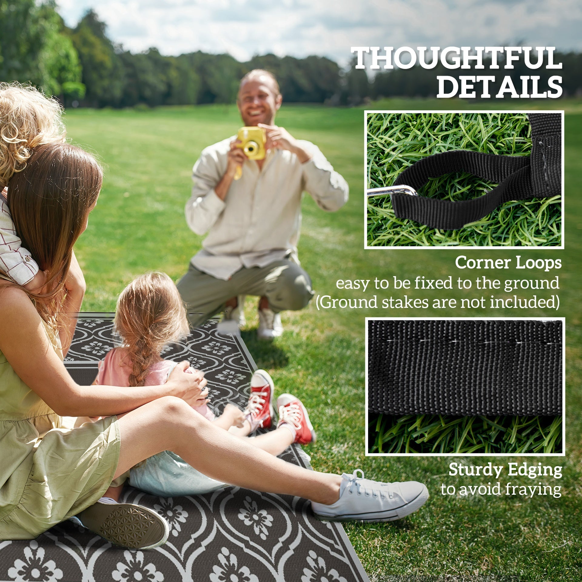 Outsunny Reversible Outdoor Rug, Waterproof Plastic Straw with Carry Bag, 9' x 18', Black & Gray Gourd Border
