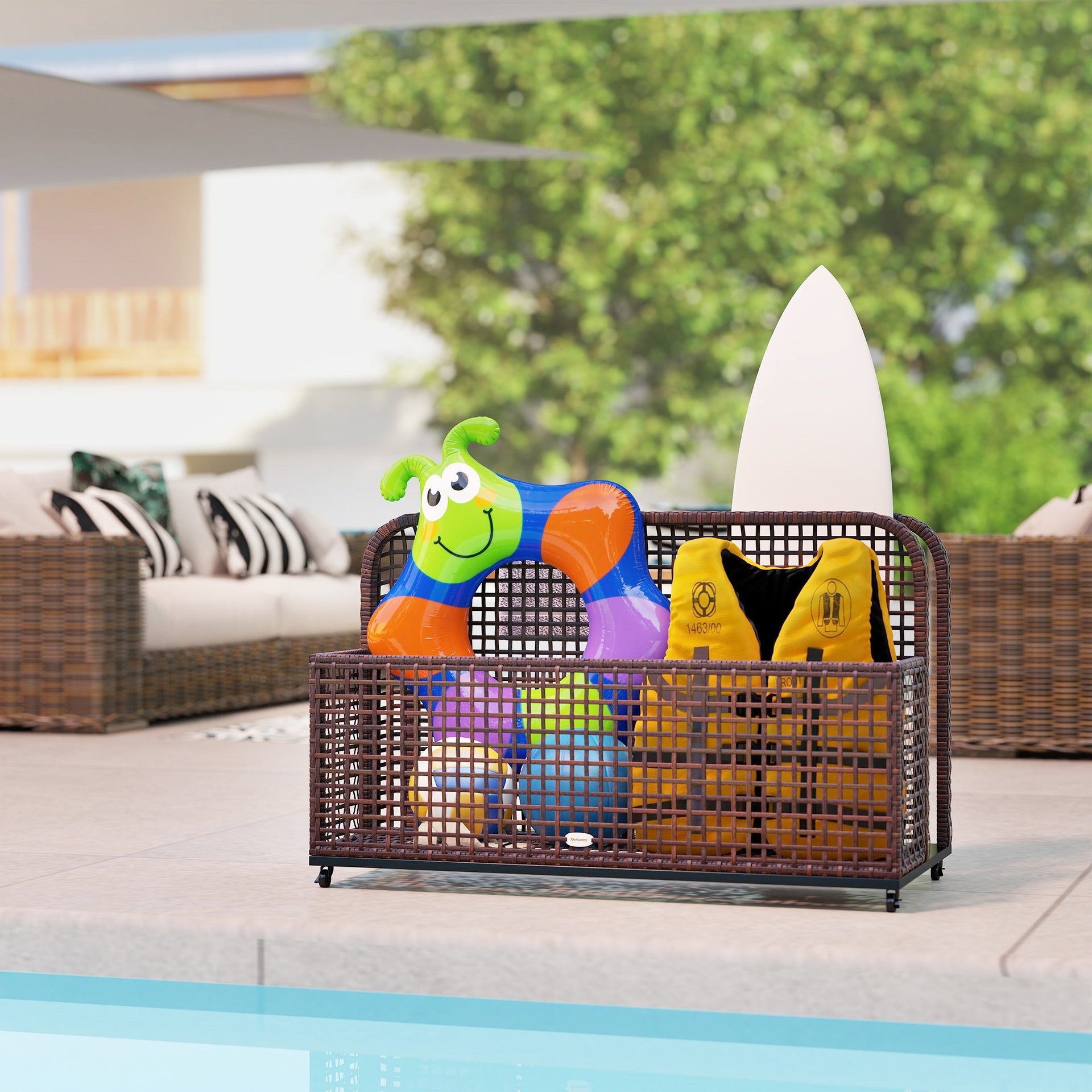 Outsunny Pool Float Storage, Pool Caddy, with Wheels, 43.25" L x 22.5" W x 28" H, Brown