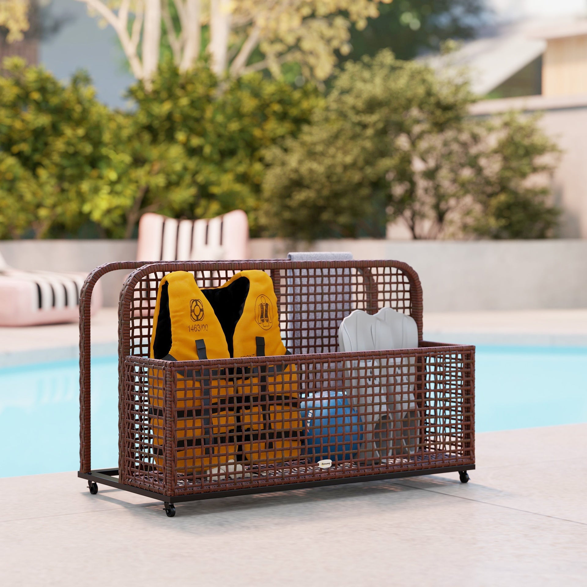 Outsunny Pool Float Storage, Pool Caddy, with Wheels, 43.25" L x 22.5" W x 28" H, Brown