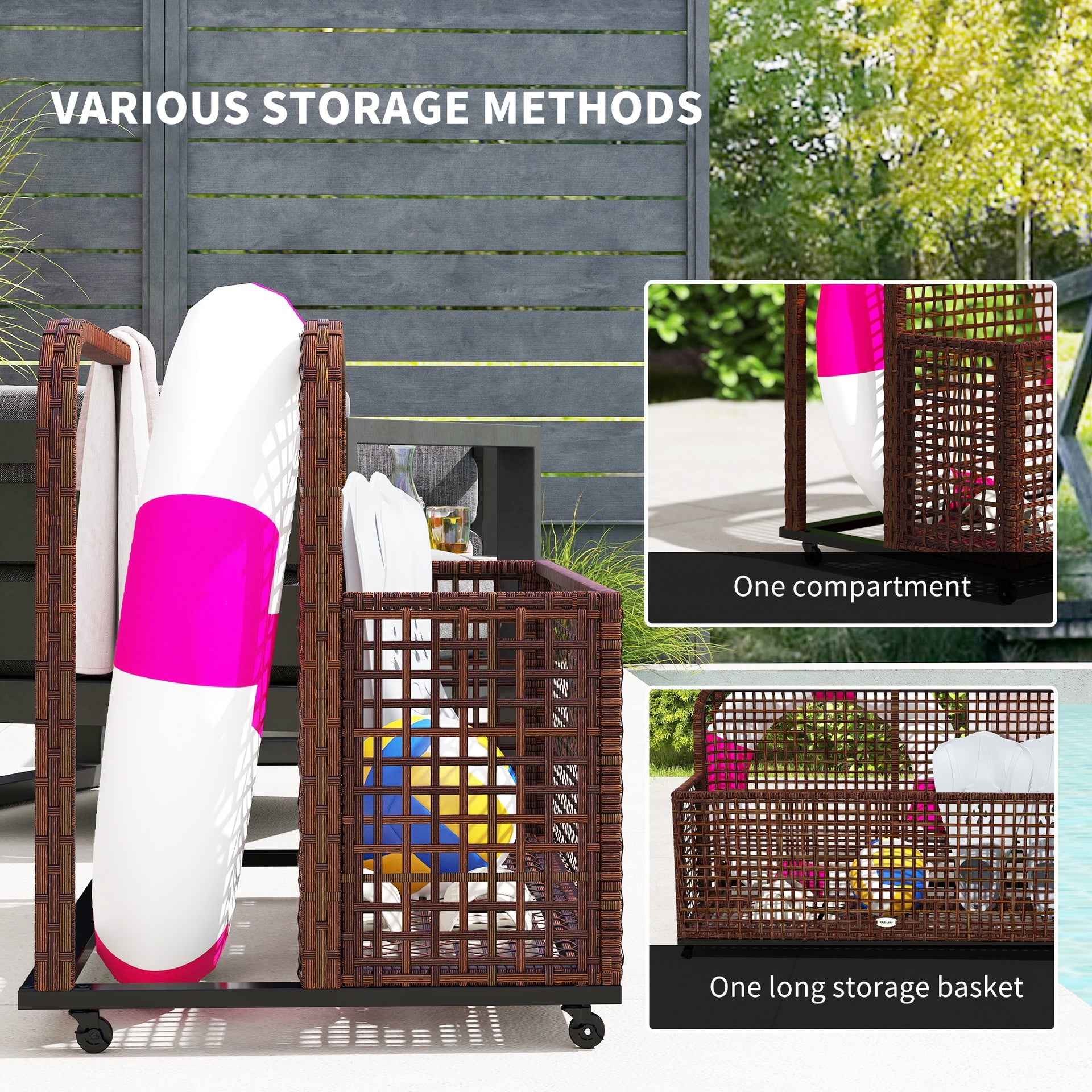 Outsunny Pool Float Storage, Pool Caddy, with Wheels, 43.25" L x 22.5" W x 28" H, Brown